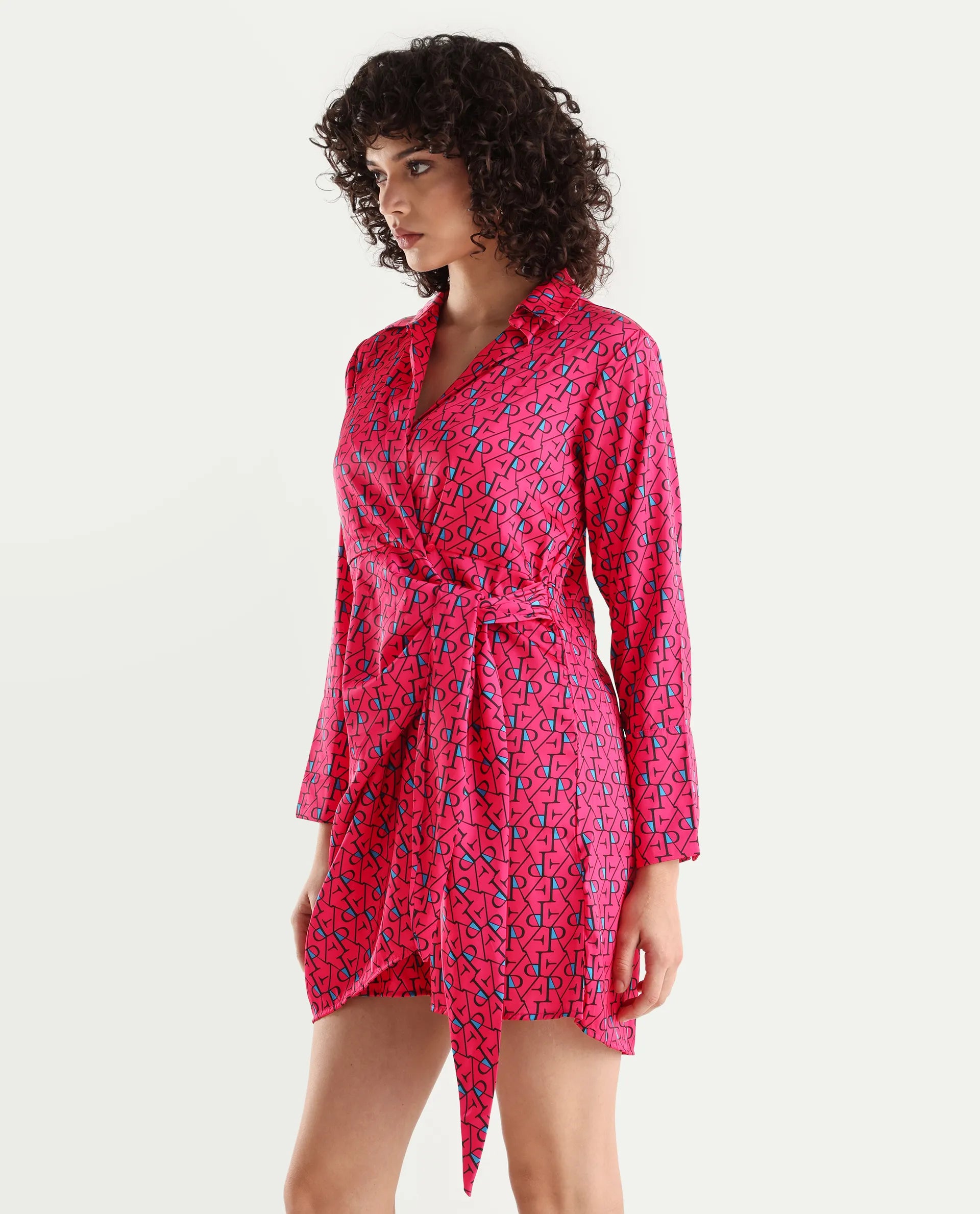 Rareism Women's Gangiv Flouroscent Pink Overlap Neck Monogram Print Cuffed Sleeve Mini Wrap Dress