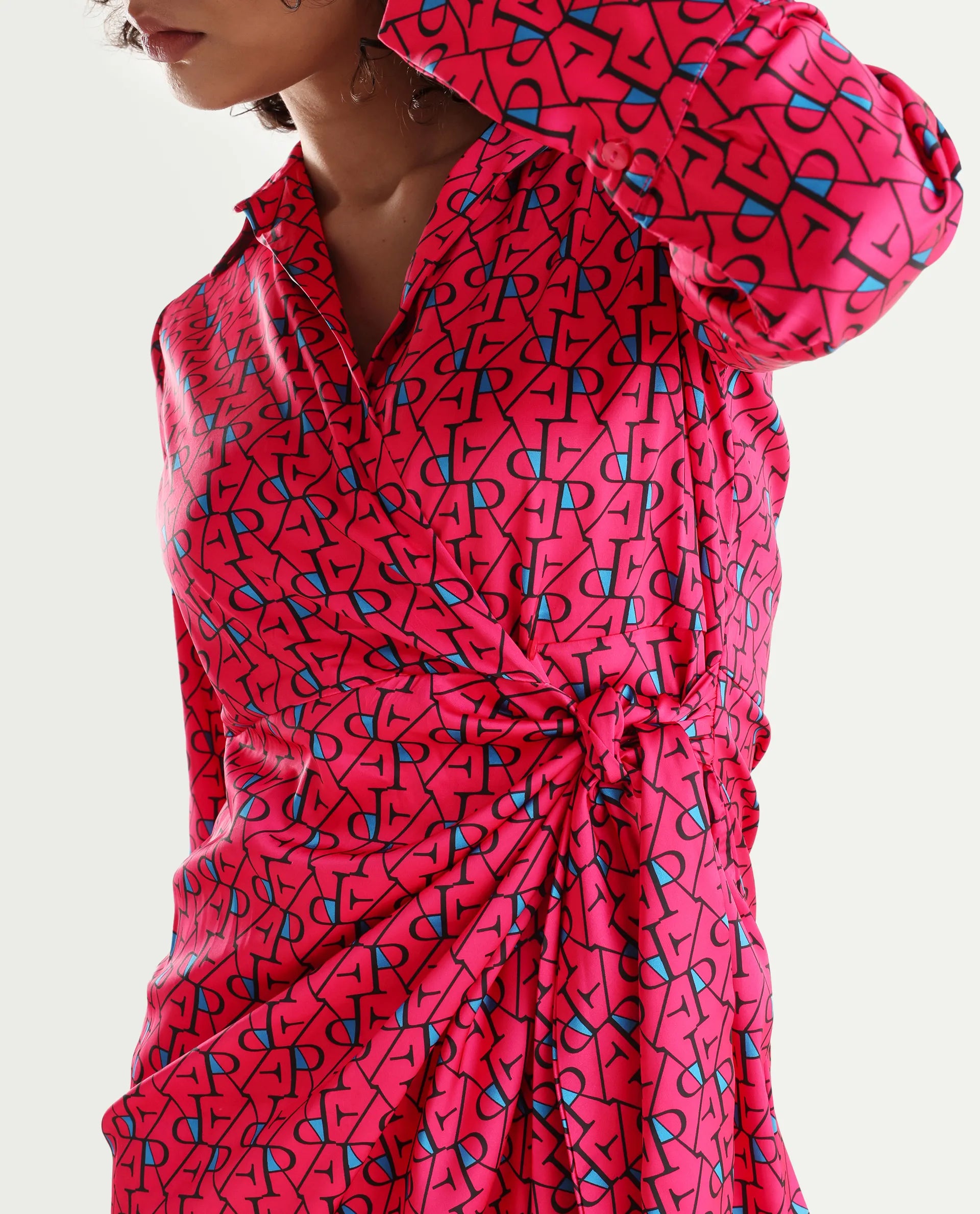 Rareism Women's Gangiv Flouroscent Pink Overlap Neck Monogram Print Cuffed Sleeve Mini Wrap Dress