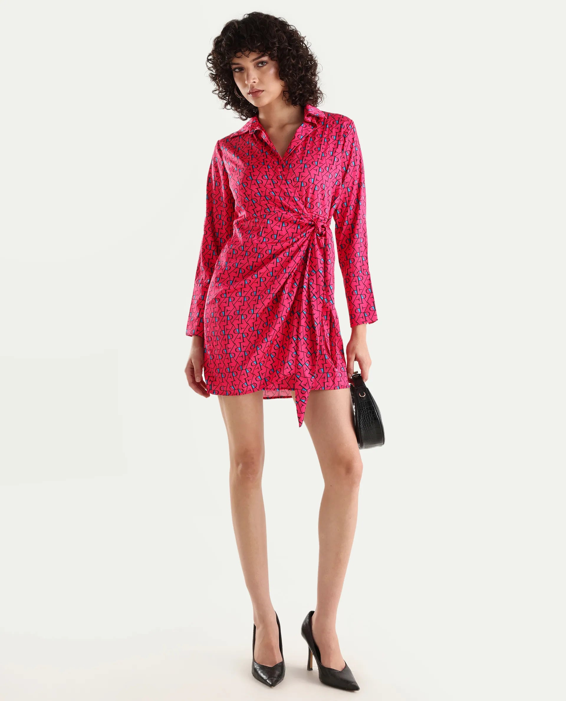 Rareism Women's Gangiv Flouroscent Pink Overlap Neck Monogram Print Cuffed Sleeve Mini Wrap Dress