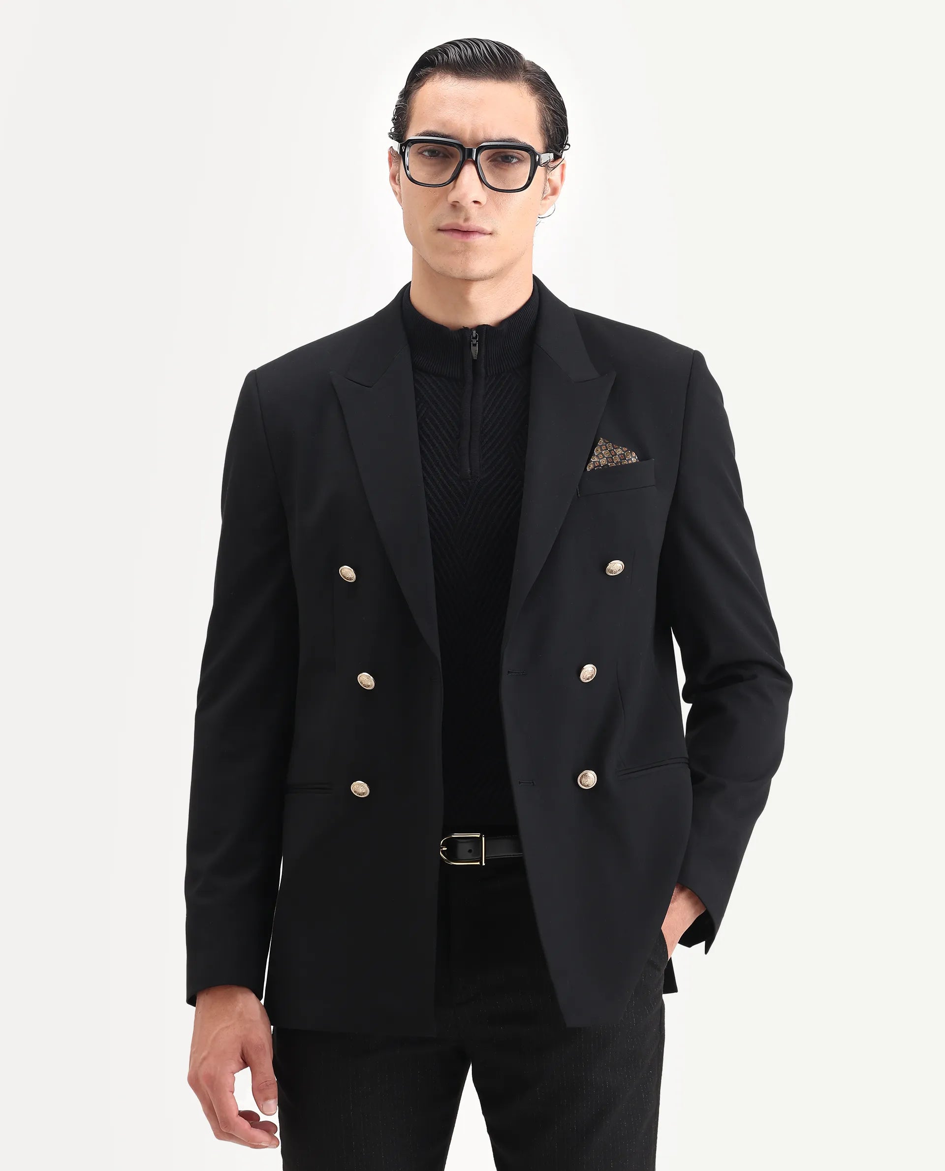 Rare Rabbit Men's Gar Black Polyester Blend Fabric Full Sleeve Lapel Neck Plain Blazer