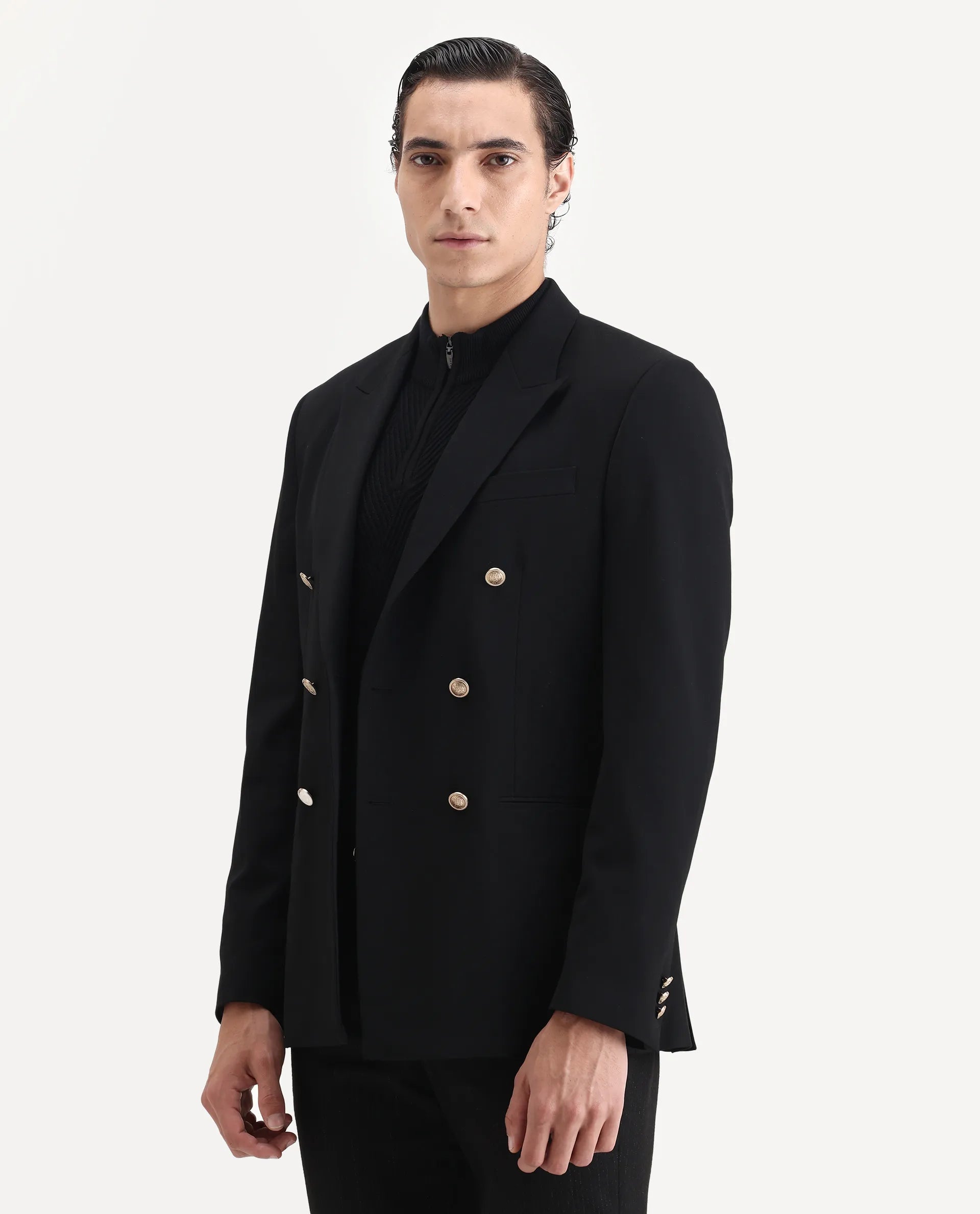 Rare Rabbit Men's Gar Black Polyester Blend Fabric Full Sleeve Lapel Neck Plain Blazer