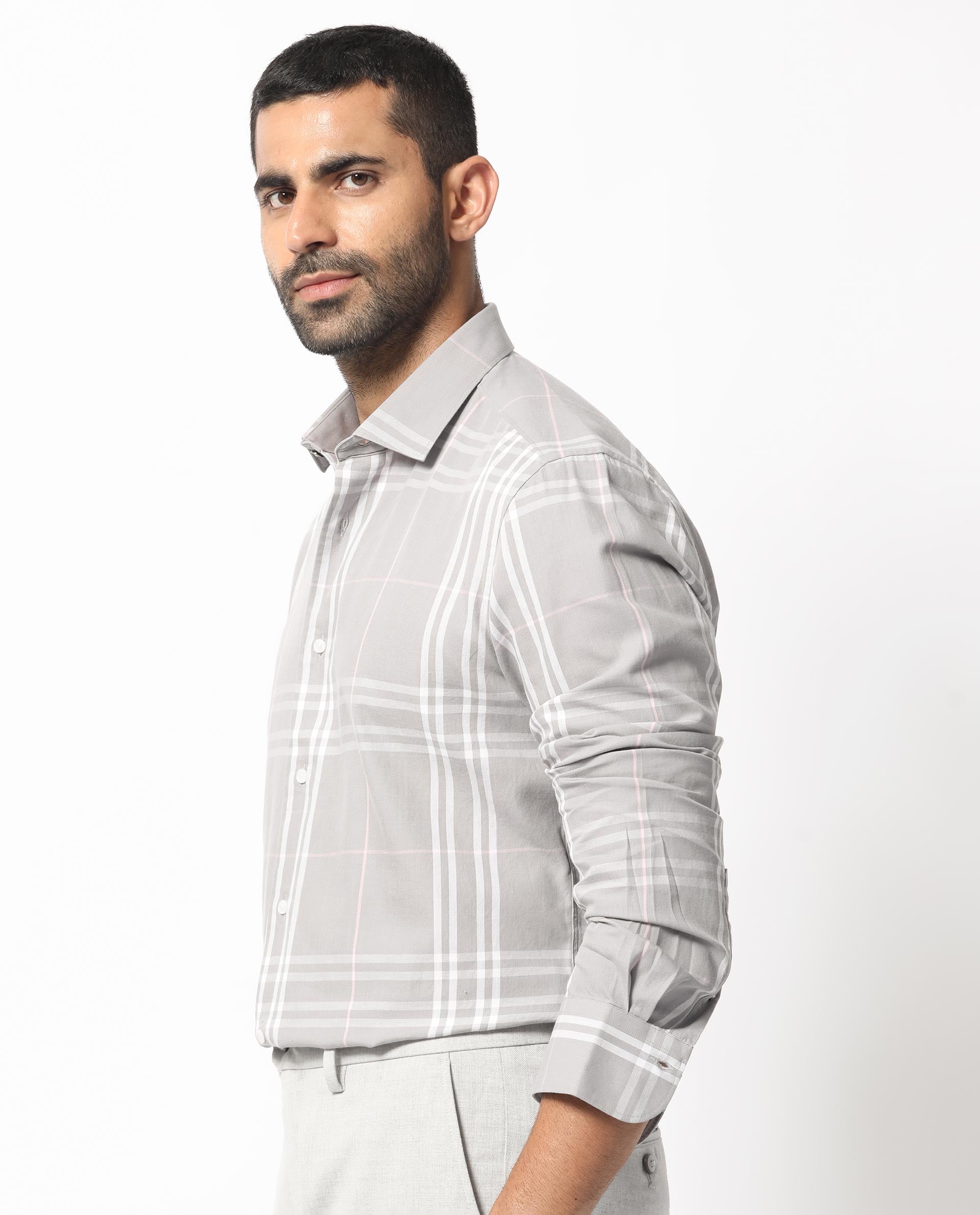 Rare Rabbit Men's Garet Grey Cotton Fabric Full Sleeves Checks Shirt