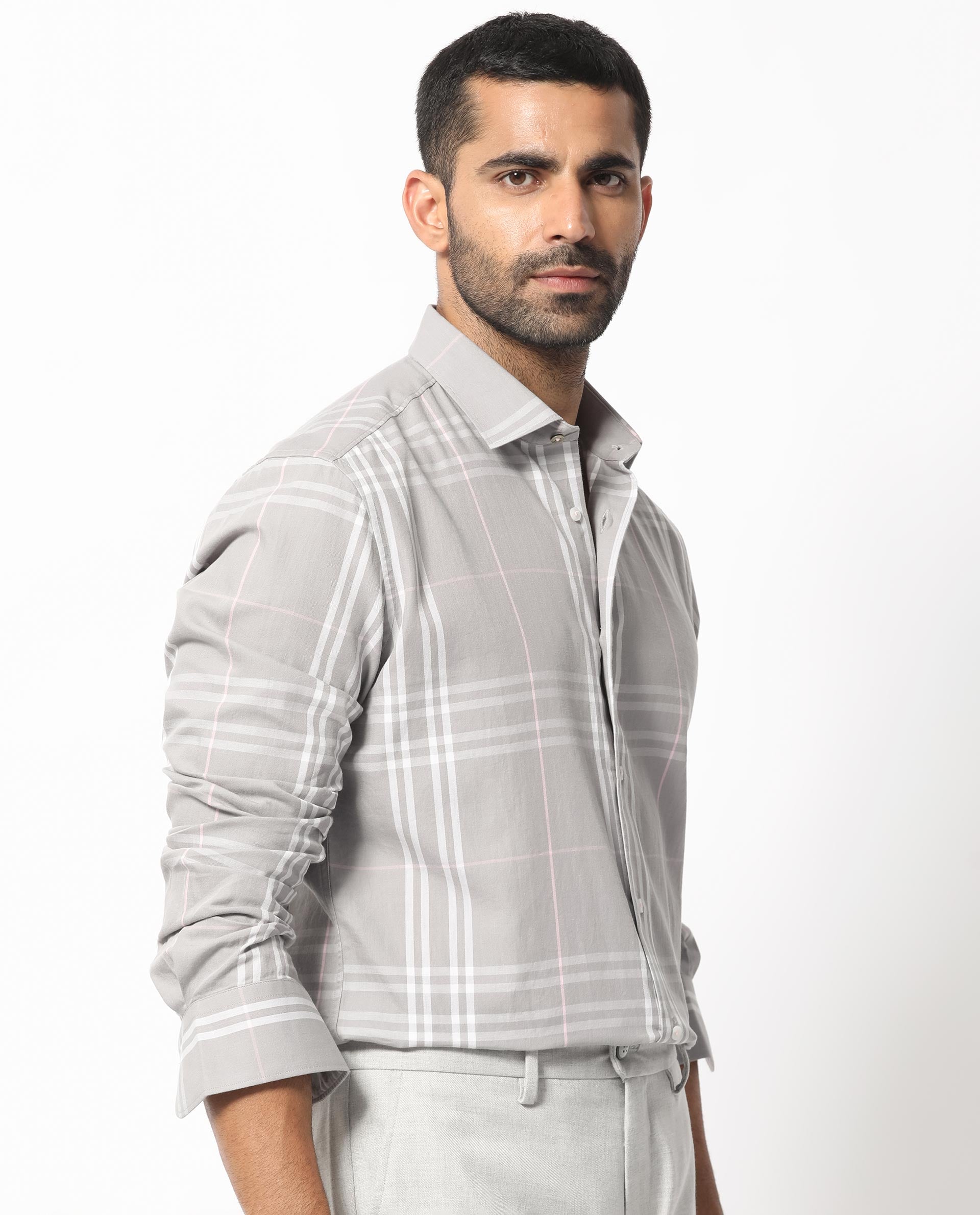 Rare Rabbit Men's Garet Grey Cotton Fabric Full Sleeves Checks Shirt