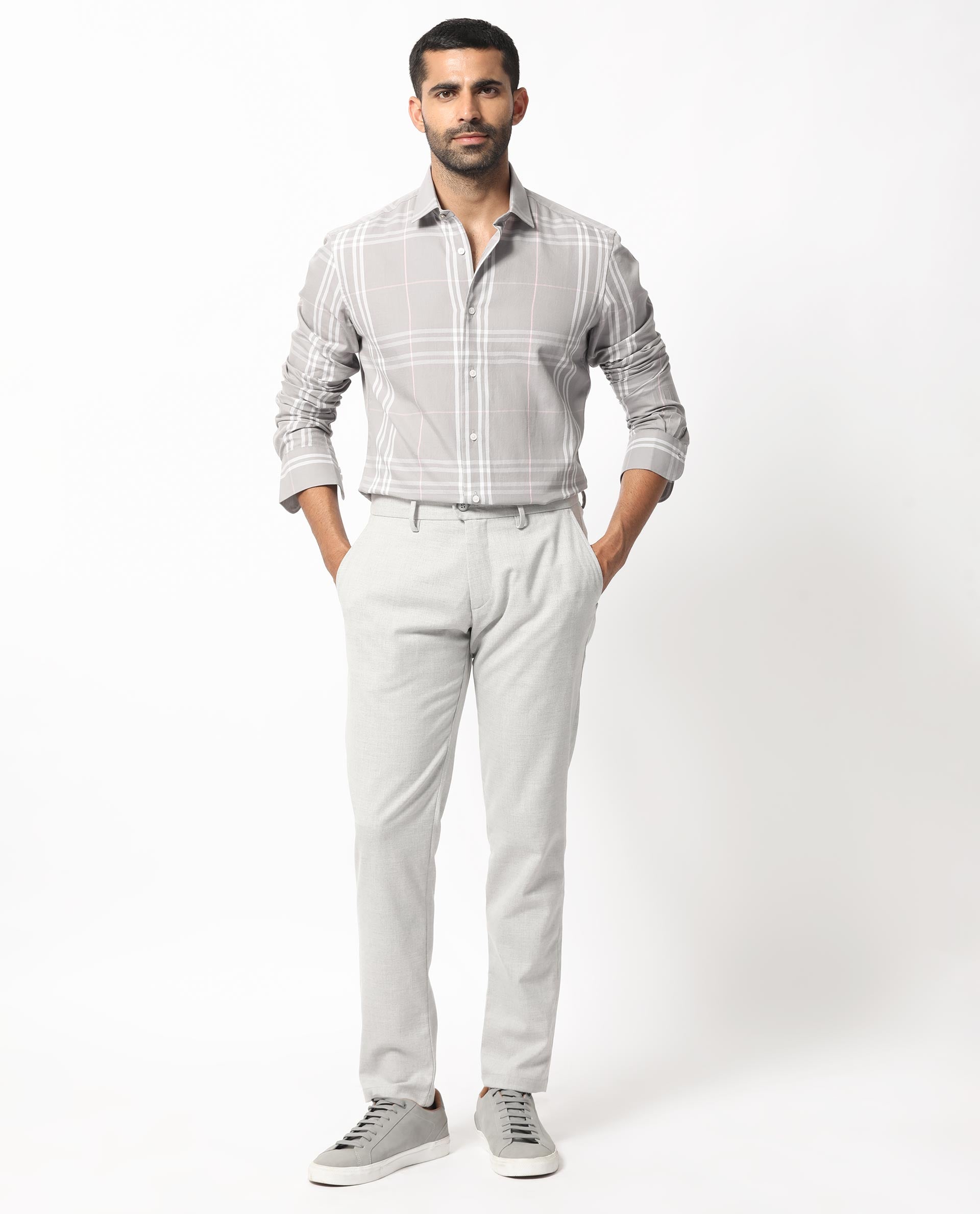 Rare Rabbit Men's Garet Grey Cotton Fabric Full Sleeves Checks Shirt