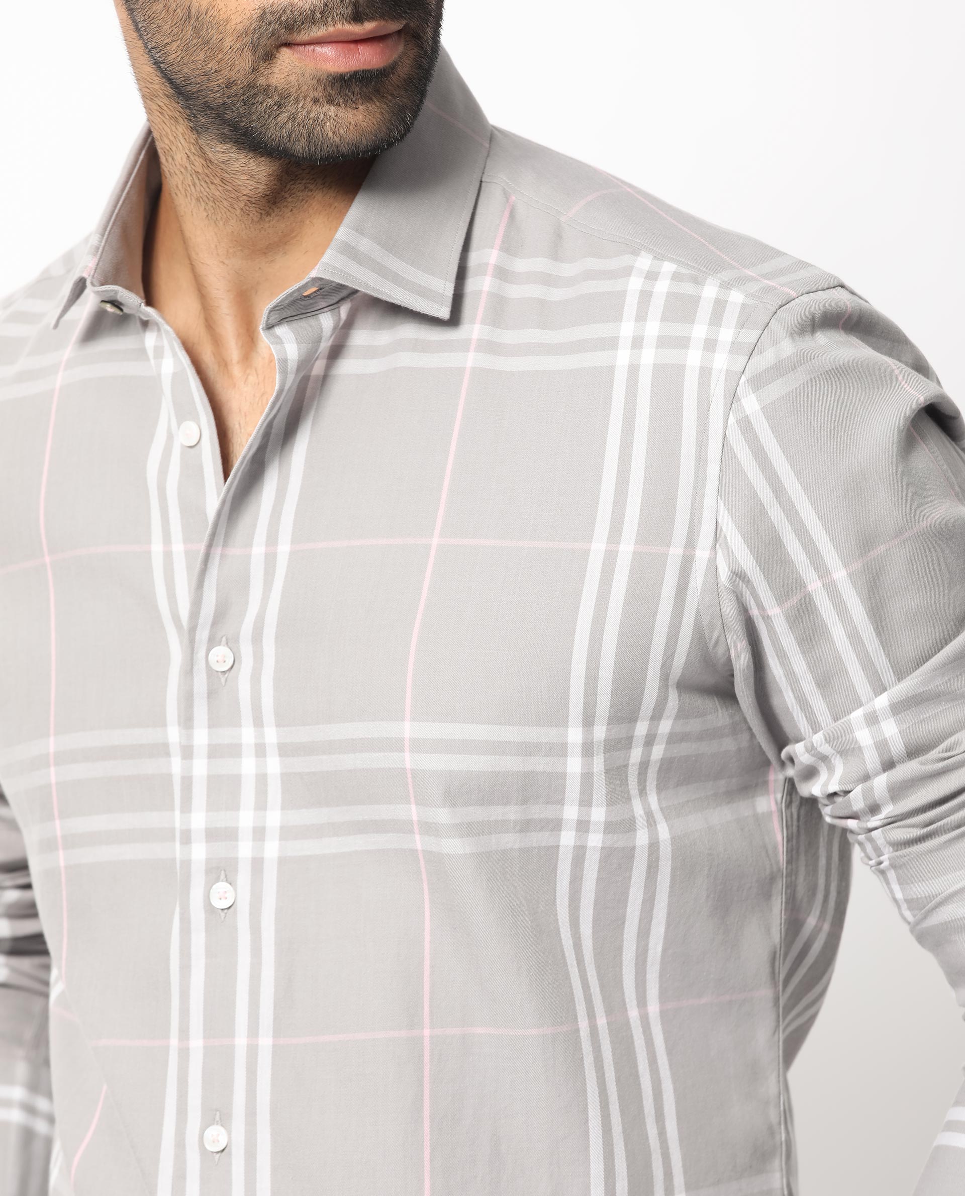 Rare Rabbit Men's Garet Grey Cotton Fabric Full Sleeves Checks Shirt