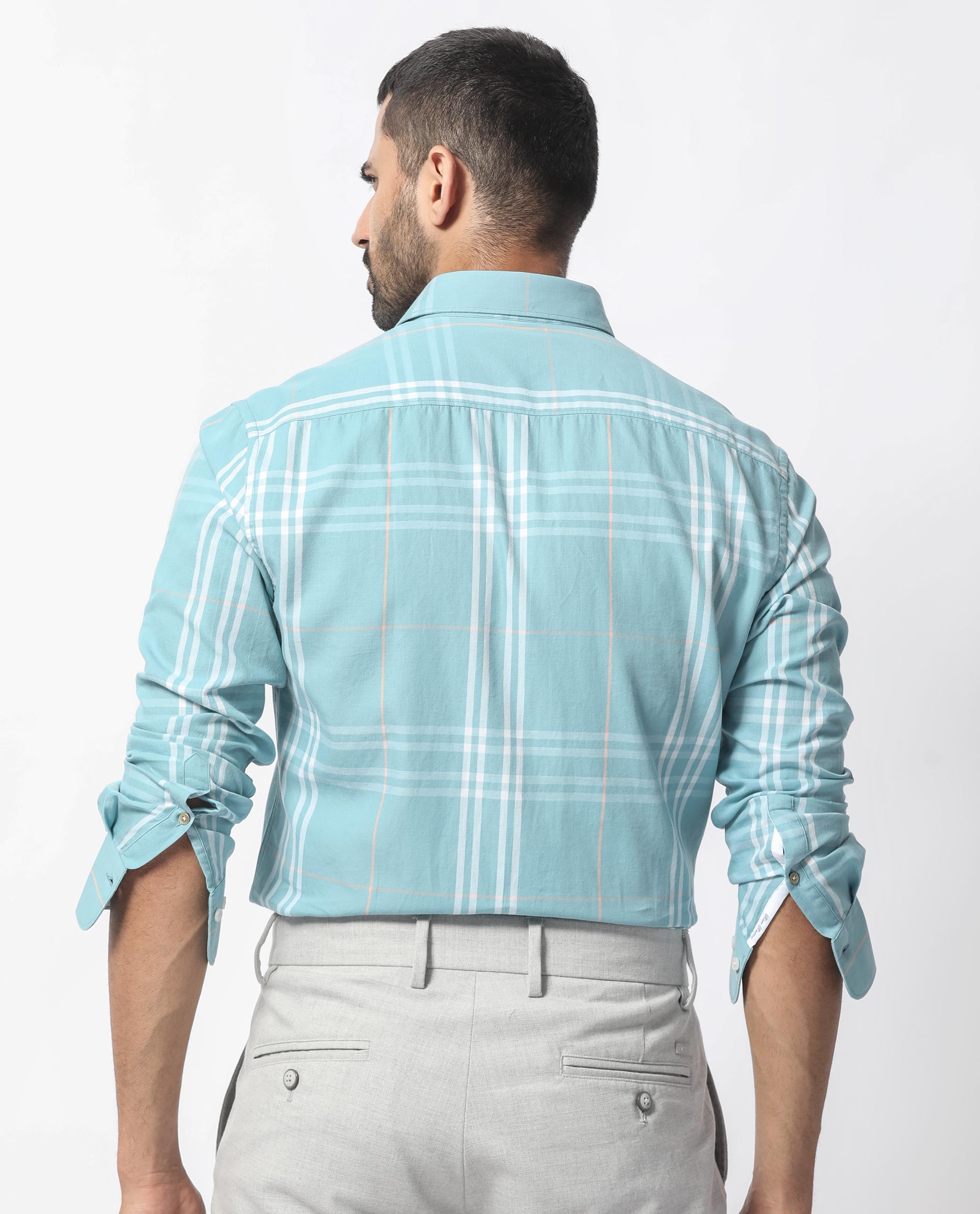 Rare Rabbit Men's Garet Turq Cotton Fabric Full Sleeves Checks Shirt