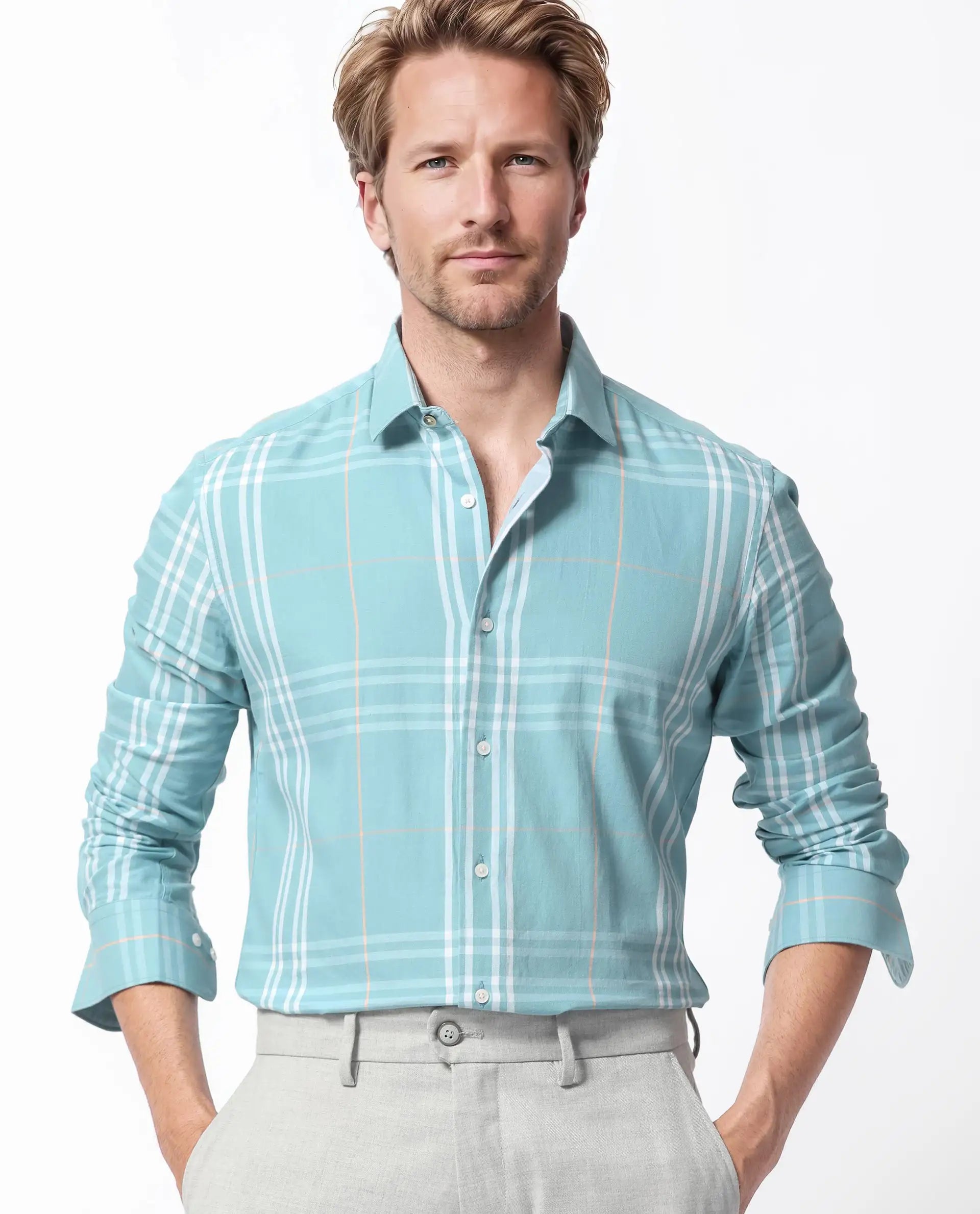 Rare Rabbit Men's Garet Turq Cotton Fabric Full Sleeves Checks Shirt