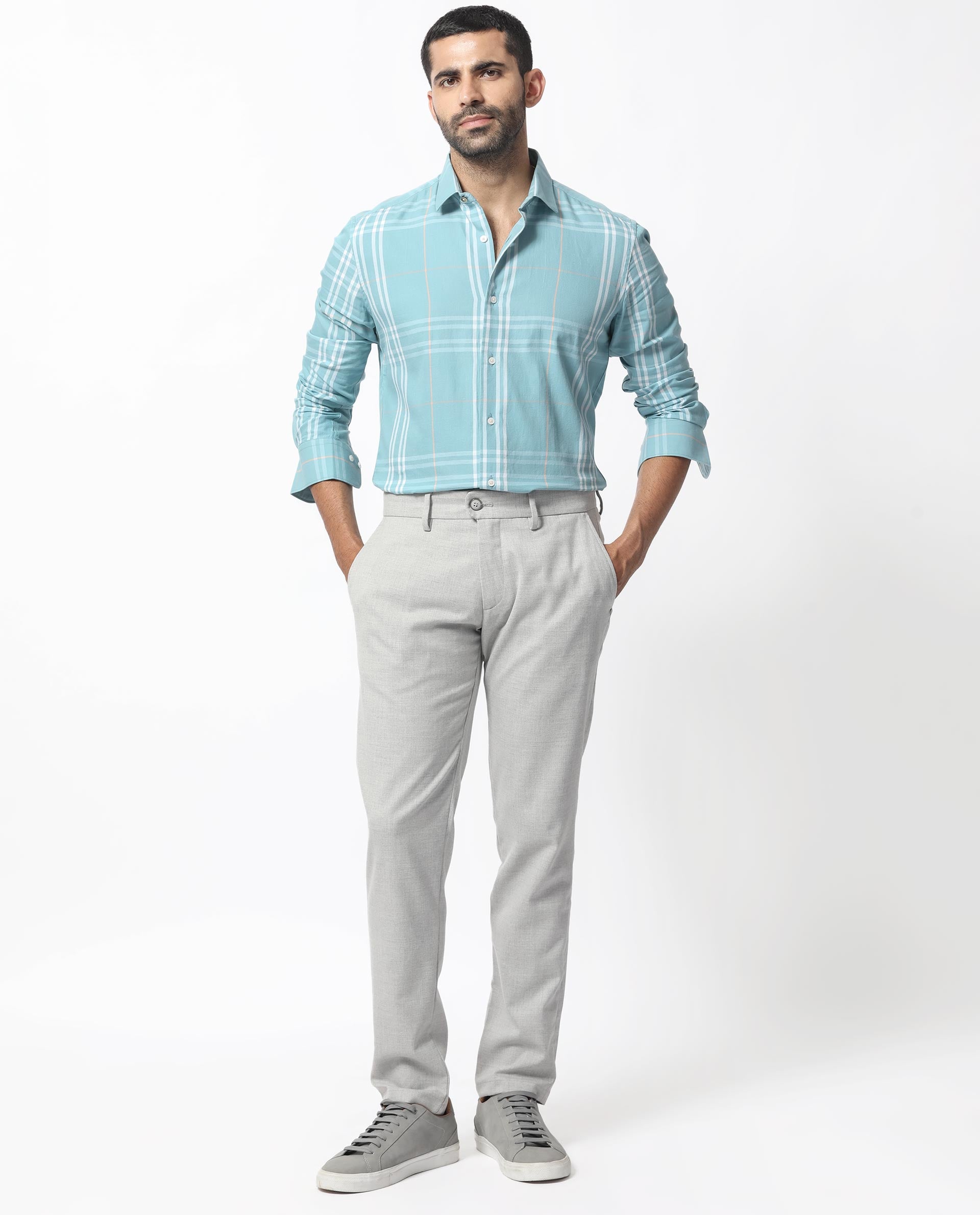 Rare Rabbit Men's Garet Turq Cotton Fabric Full Sleeves Checks Shirt