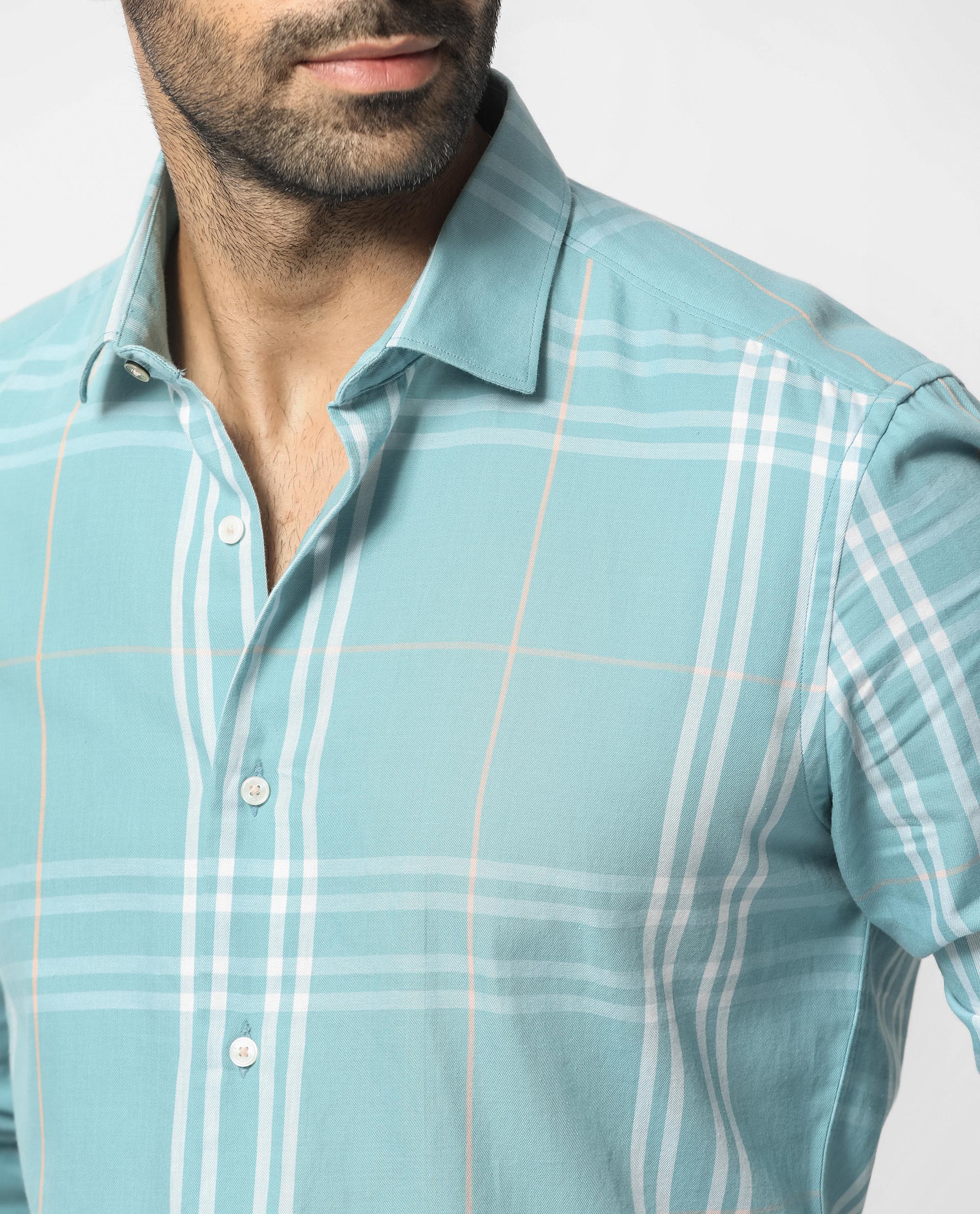 Rare Rabbit Men's Garet Turq Cotton Fabric Full Sleeves Checks Shirt