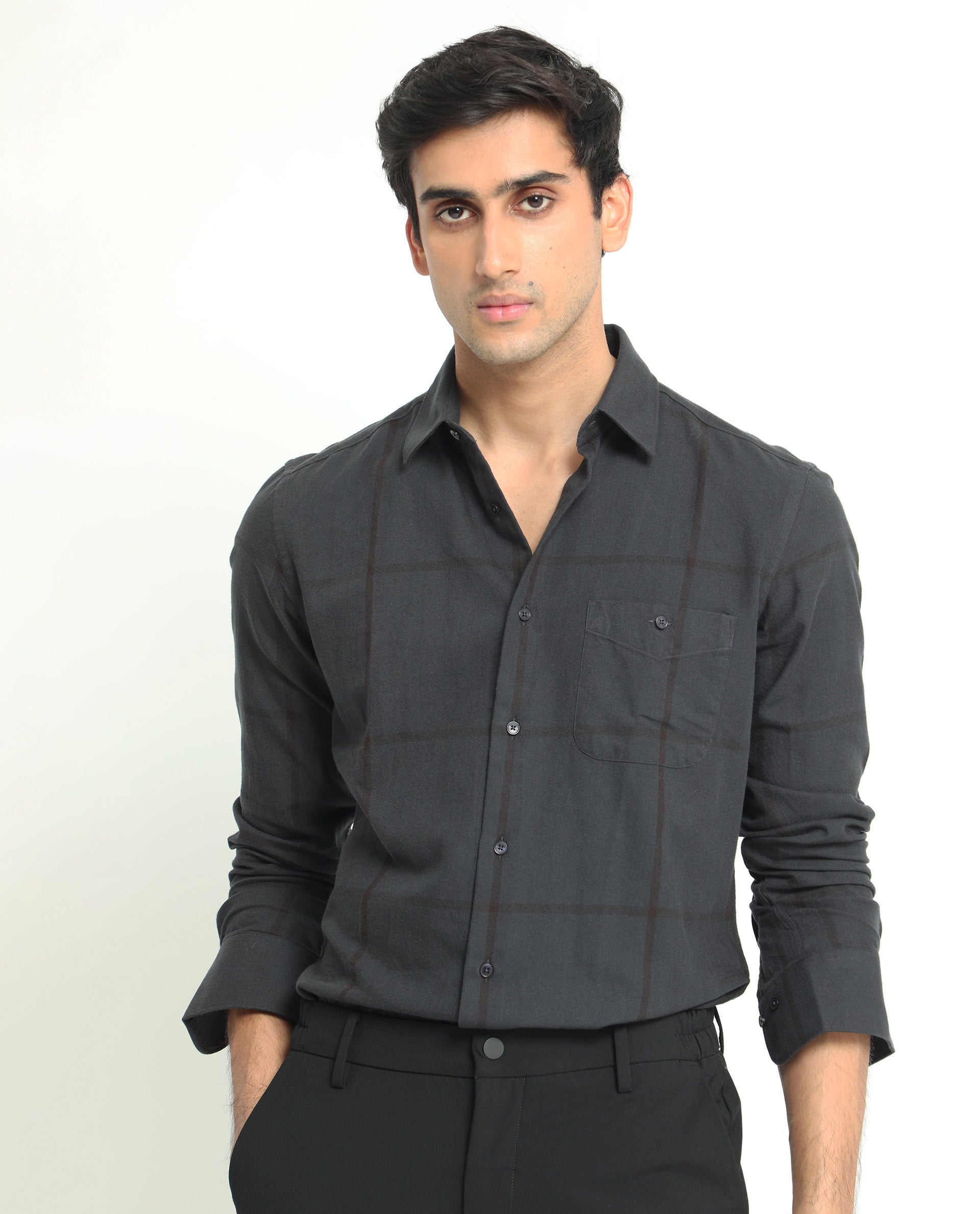 Rare Rabbit Men's Gareth Petrol Cotton Fabric Full Sleeves Checks Shirt