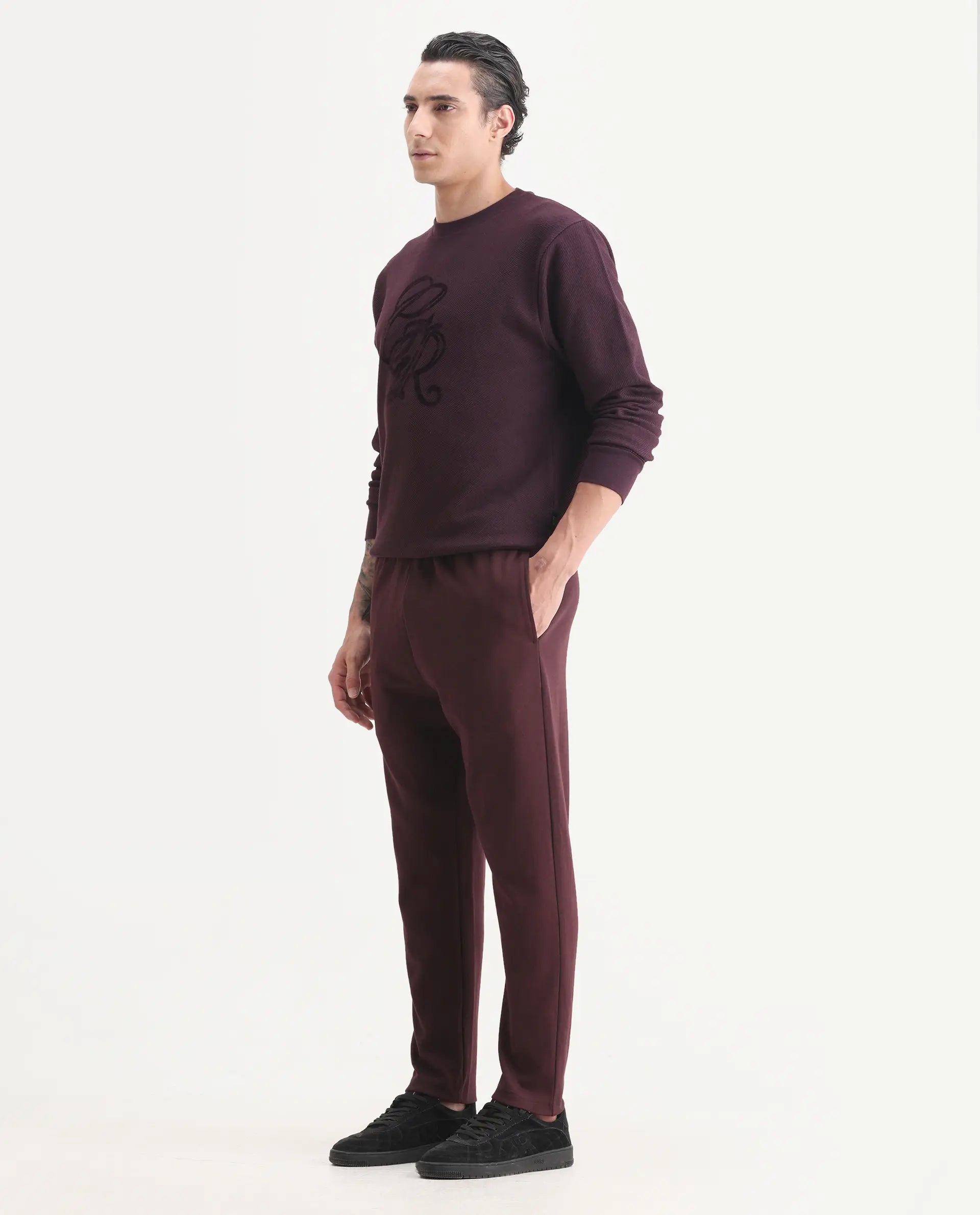 Rare Rabbit Men's Garon-B Dark Maroon Cotton Blend Fabric Regular Fit Plain Track Pant