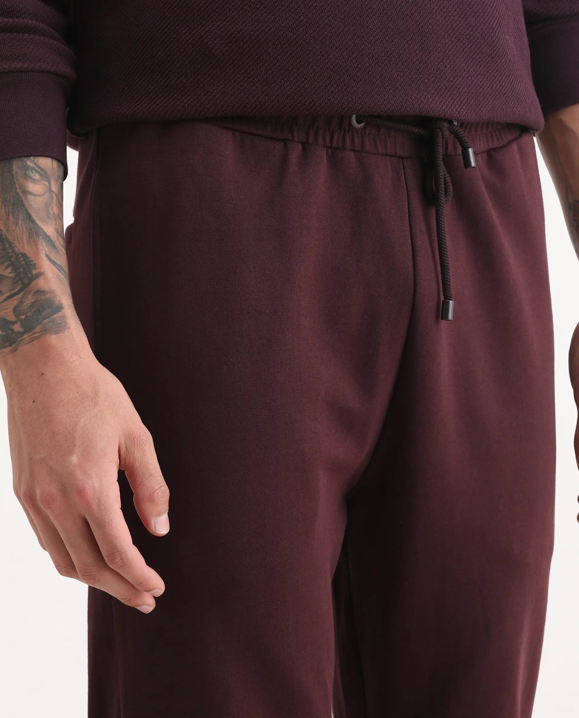 Rare Rabbit Men's Garon-B Dark Maroon Cotton Blend Fabric Regular Fit Plain Track Pant