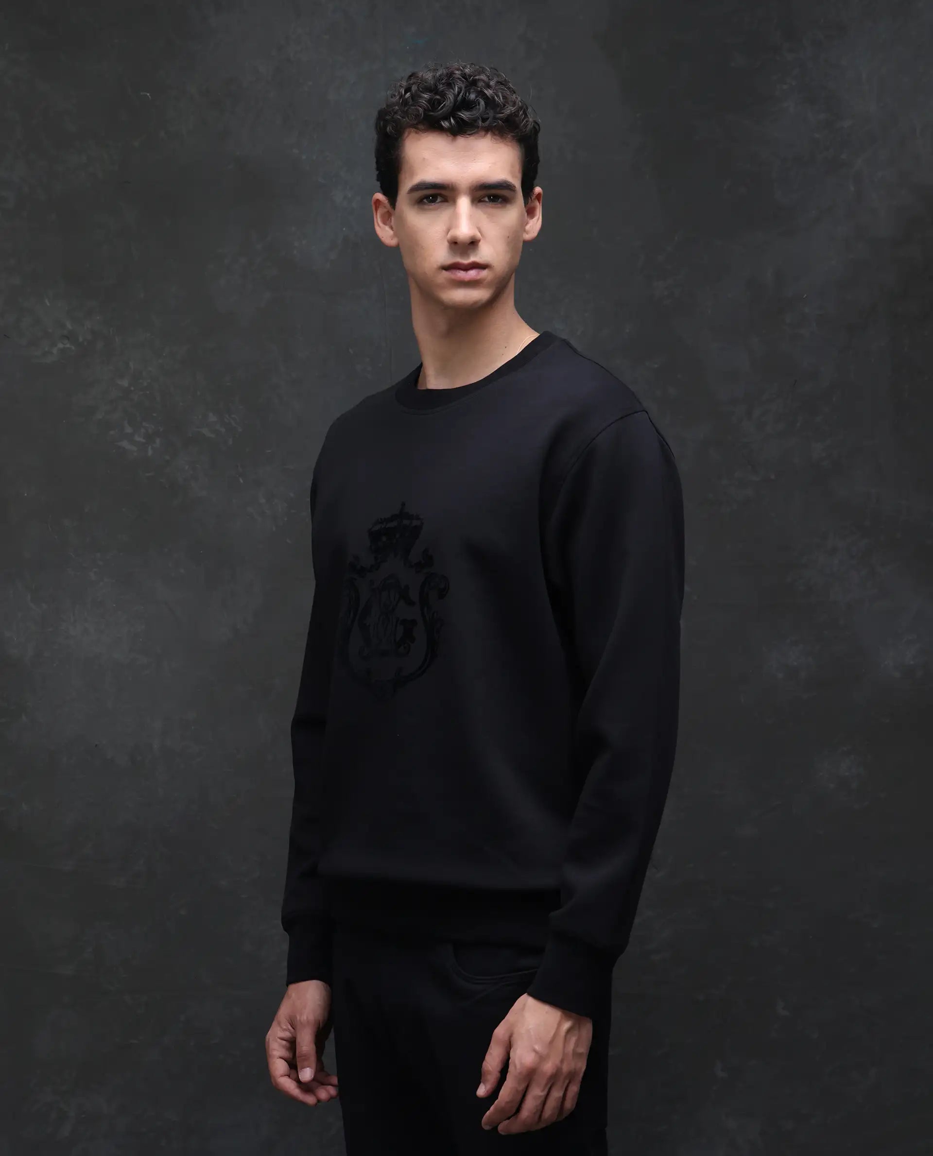 Rare Rabbit Men's Garon Black Cotton Blend Graphic Print Relaxed Fit Full Sleeve Crew Neck Sweatshirt