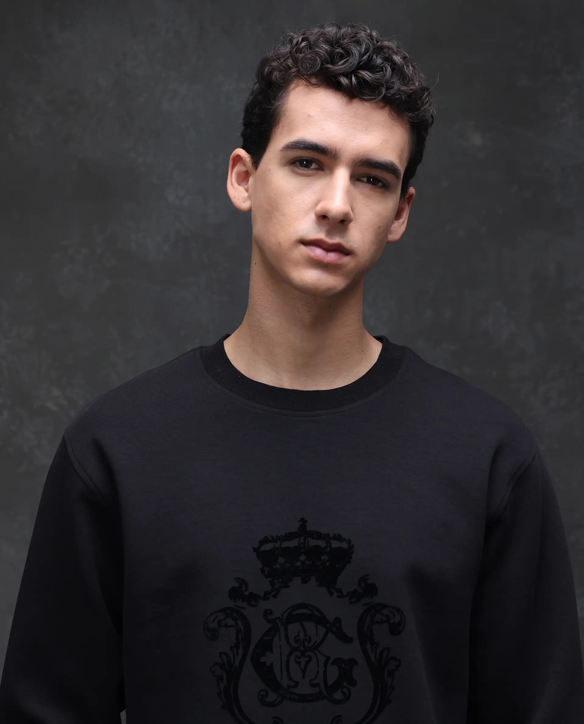 Rare Rabbit Men's Garon Black Cotton Blend Graphic Print Relaxed Fit Full Sleeve Crew Neck Sweatshirt