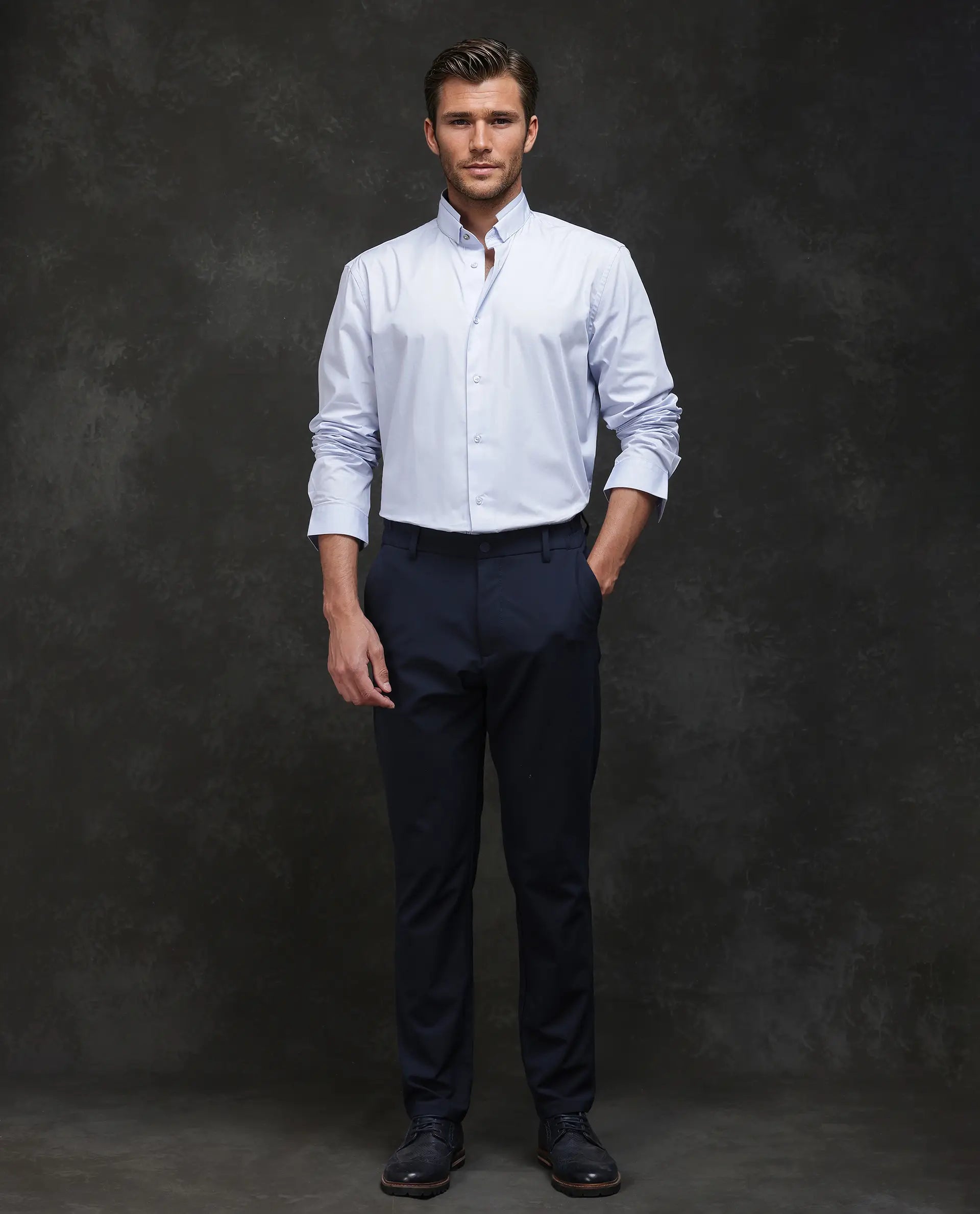 Rare Rabbit Men Garry Light Blue Cotton Fabric Full Sleeves Mandarin Collar Relaxed Fit Plain Shirt