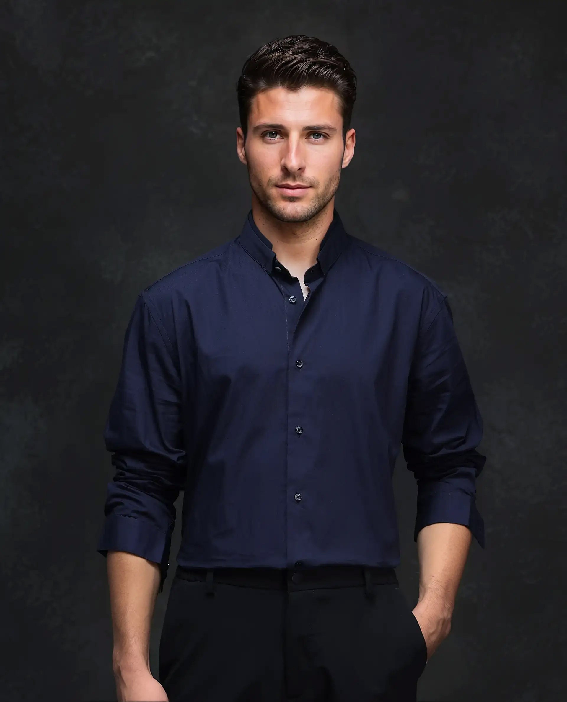 Rare Rabbit Men's Garry Navy Cotton Plain Relaxed Fit Full Sleeve Mandarin Collar Shirt