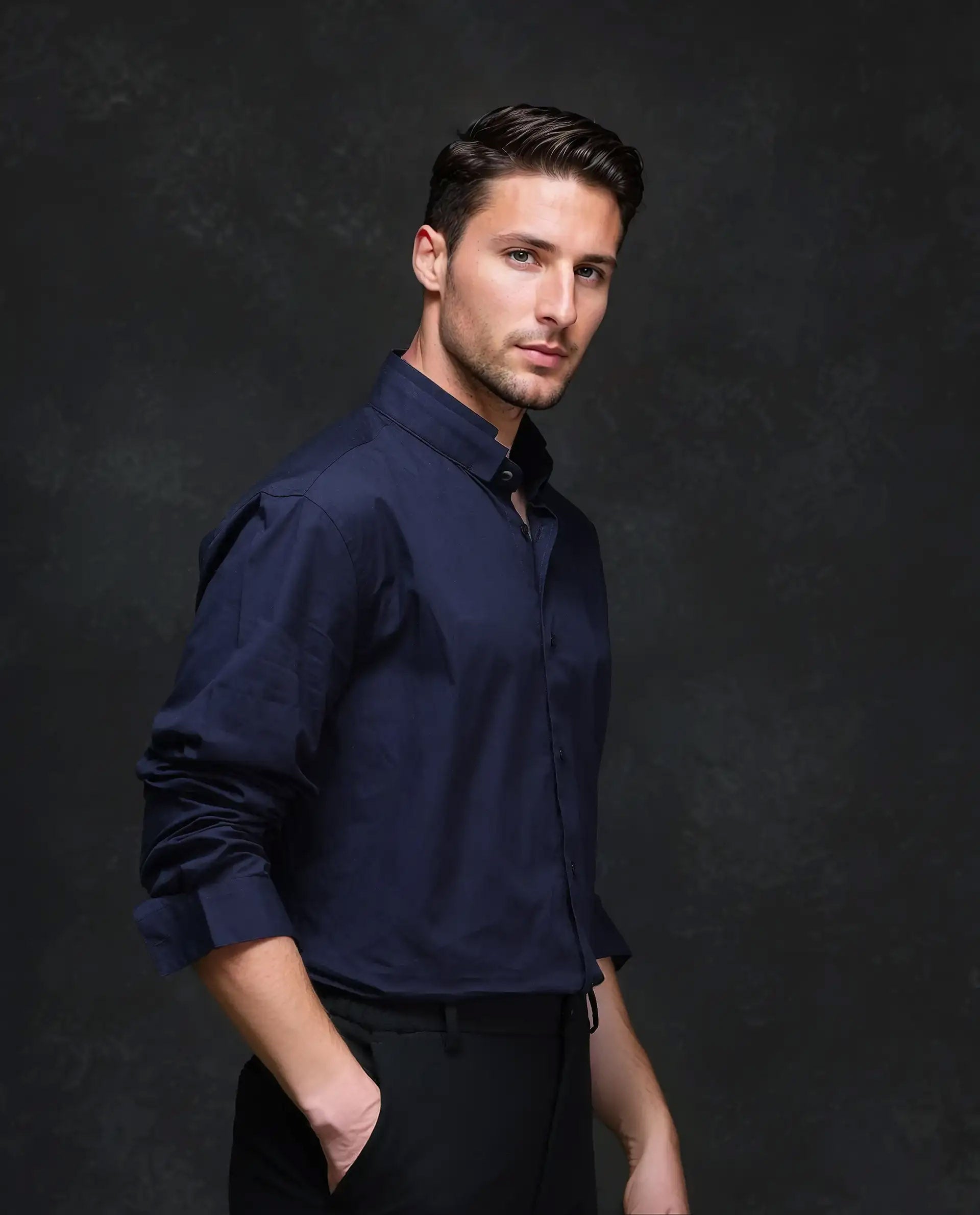 Rare Rabbit Men's Garry Navy Cotton Plain Relaxed Fit Full Sleeve Mandarin Collar Shirt