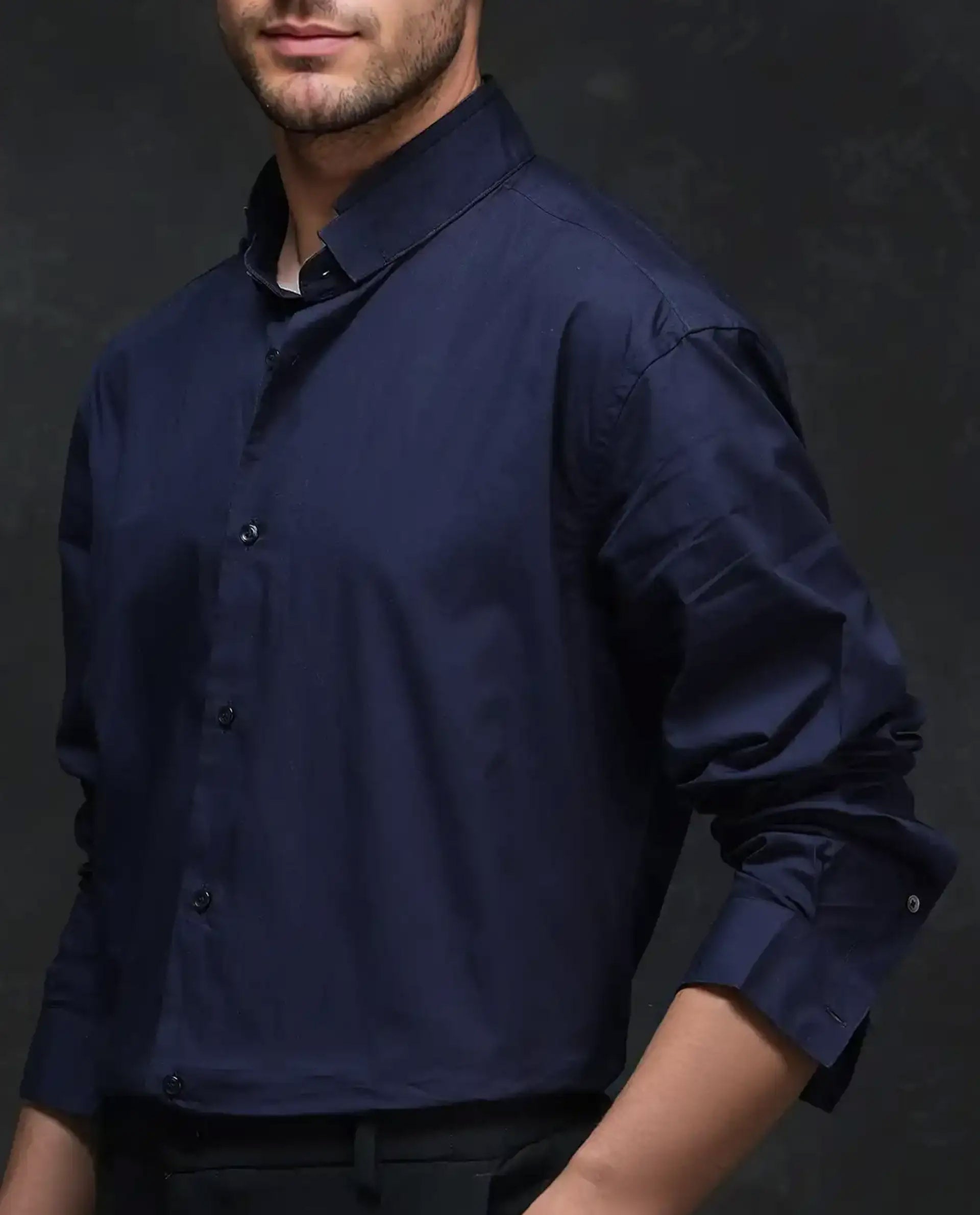 Rare Rabbit Men's Garry Navy Cotton Plain Relaxed Fit Full Sleeve Mandarin Collar Shirt