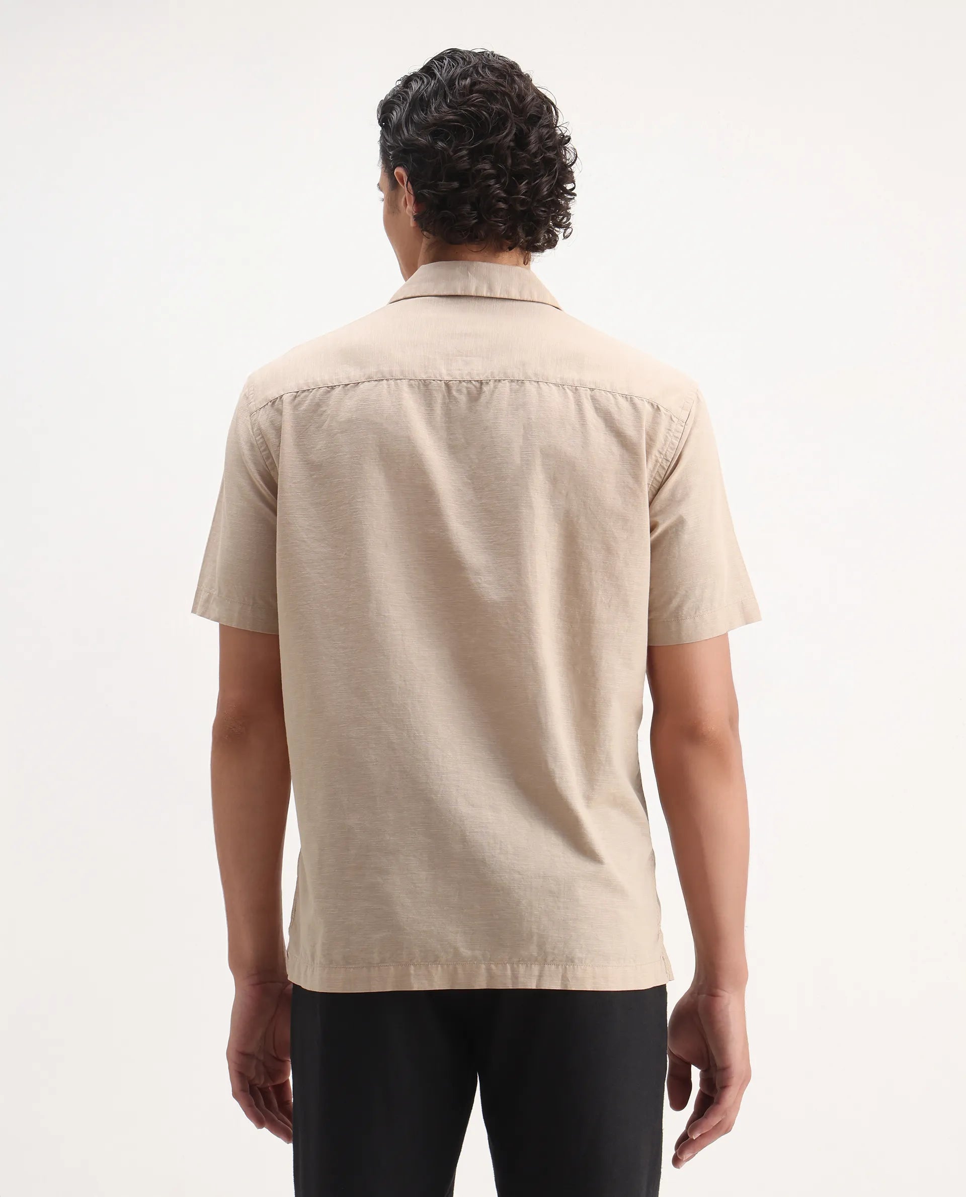 Rare Rabbit Men's Gary Beige Linen Blend Embroidered Boxy Fit Half Sleeve Cuban Collar Shirt