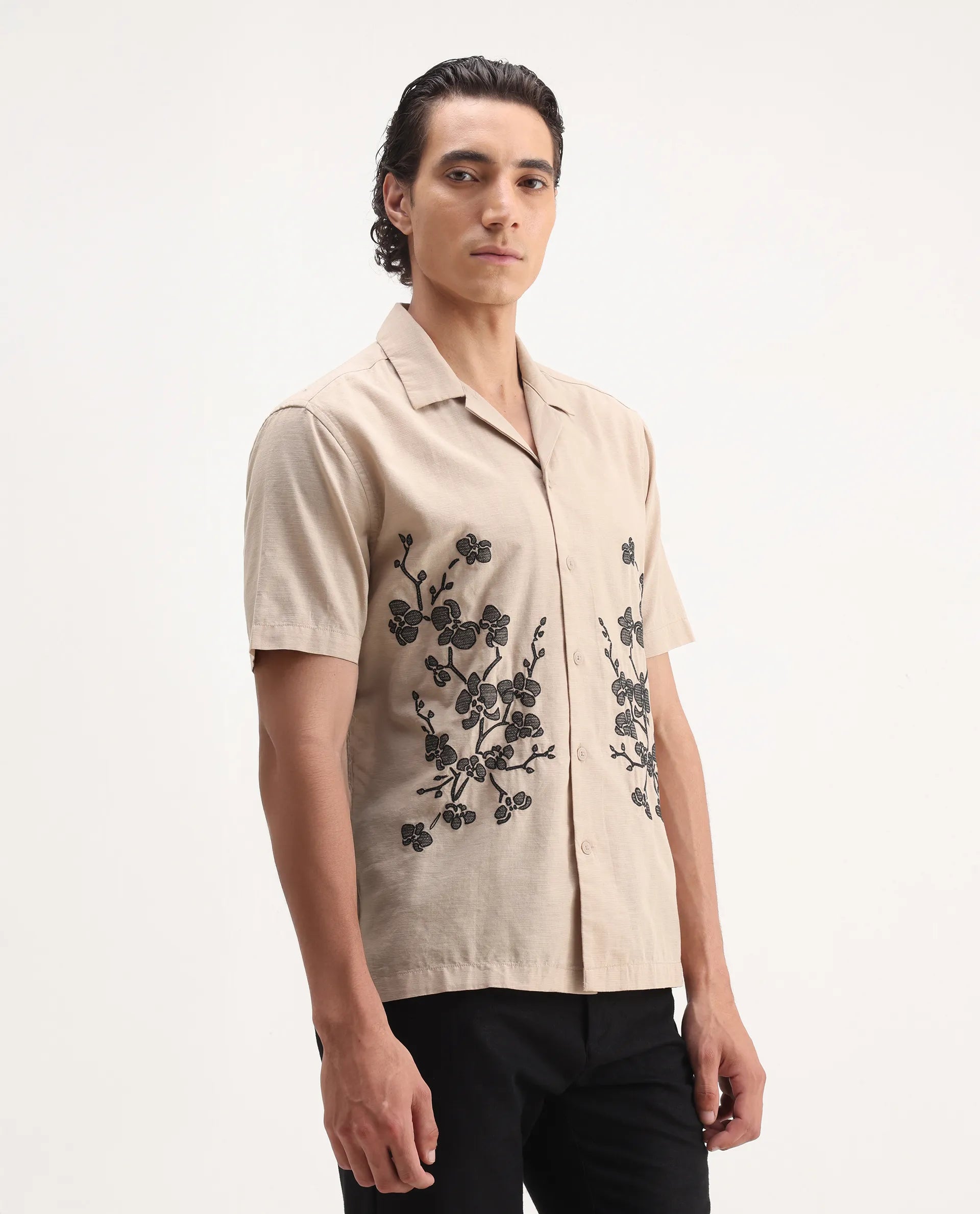 Rare Rabbit Men's Gary Beige Linen Blend Embroidered Boxy Fit Half Sleeve Cuban Collar Shirt