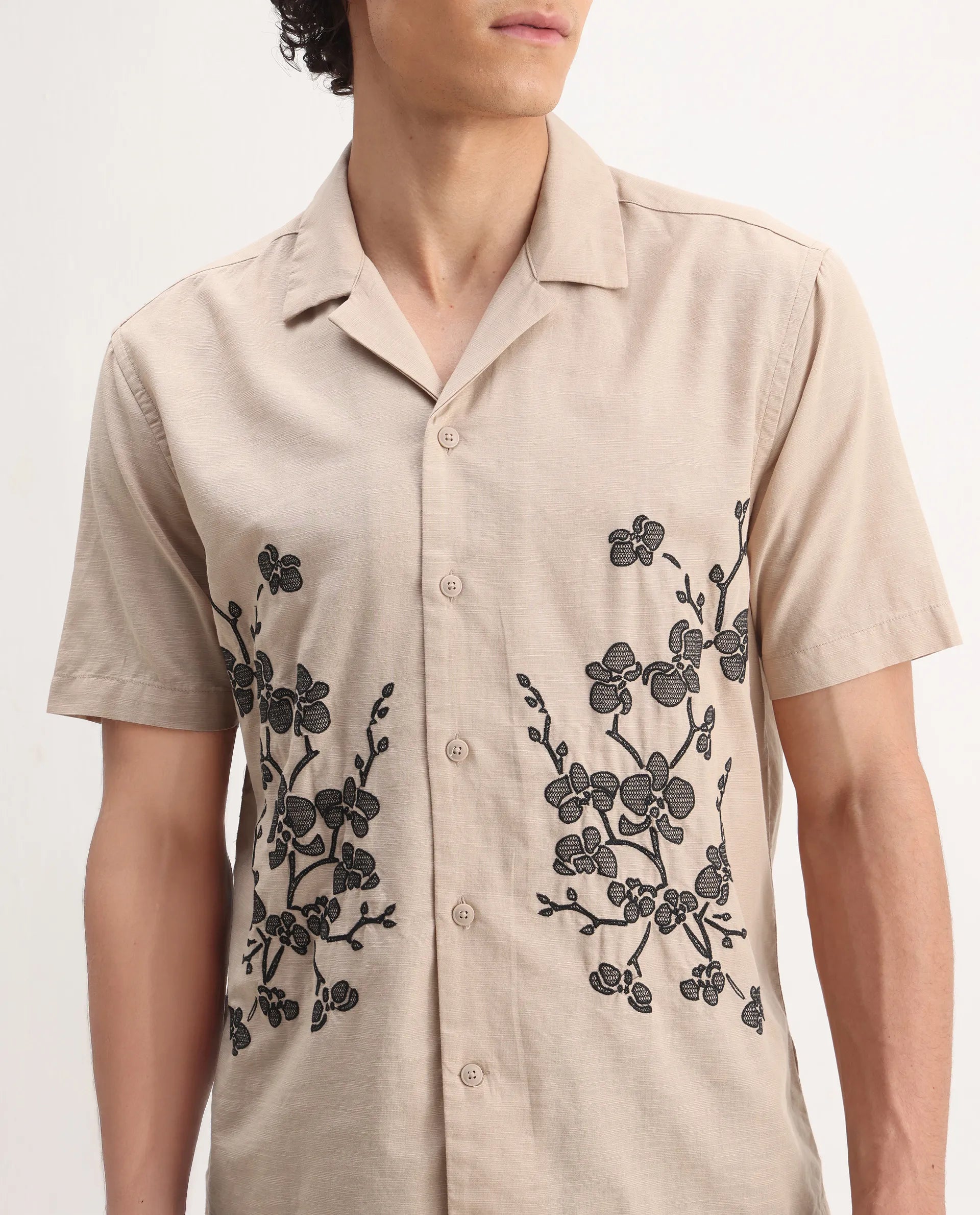 Rare Rabbit Men's Gary Beige Linen Blend Embroidered Boxy Fit Half Sleeve Cuban Collar Shirt