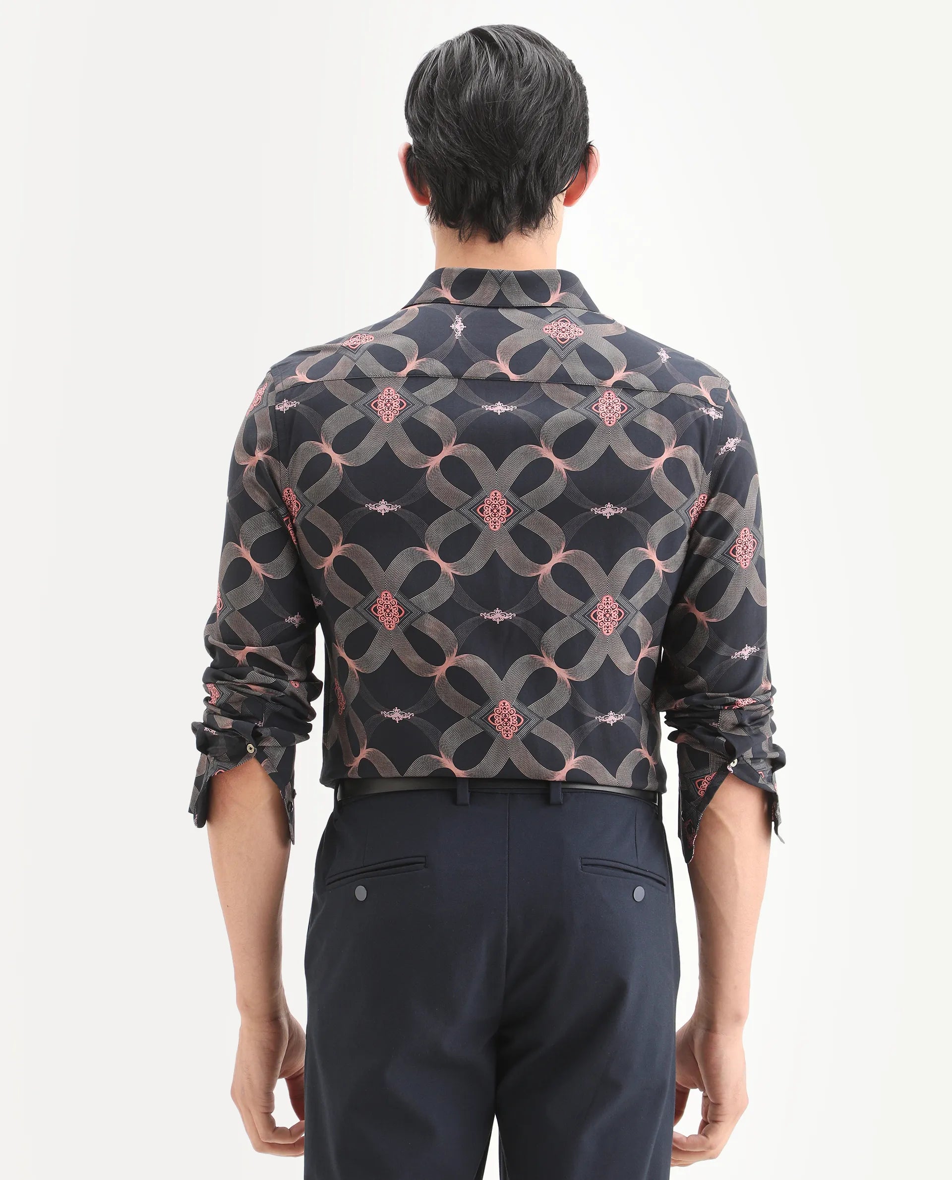 Rare Rabbit Men's Gash Black Viscose Fabric Full Sleeve Spread Collar Regular Fit Geometric Print Shirt