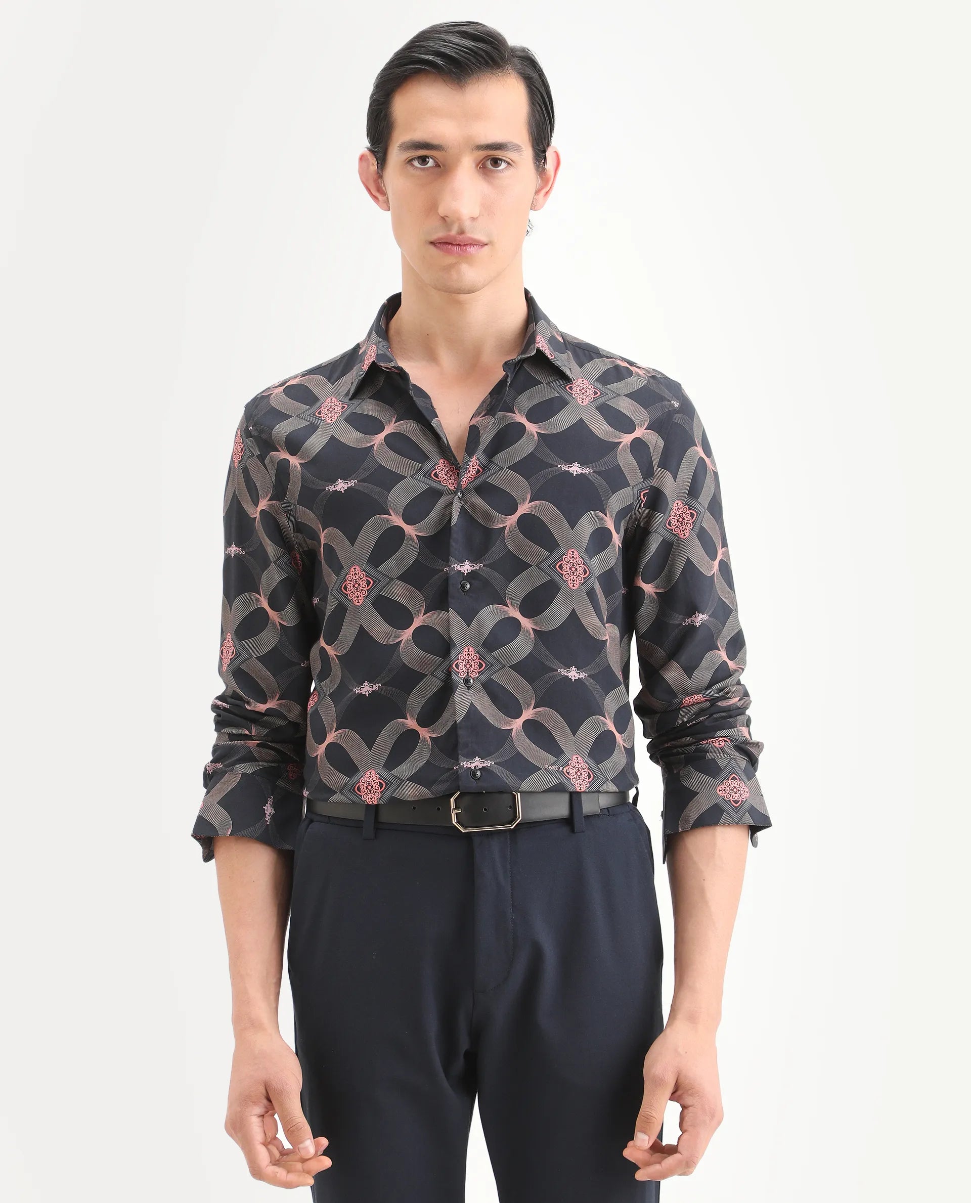 Rare Rabbit Men's Gash Black Viscose Fabric Full Sleeve Spread Collar Regular Fit Geometric Print Shirt