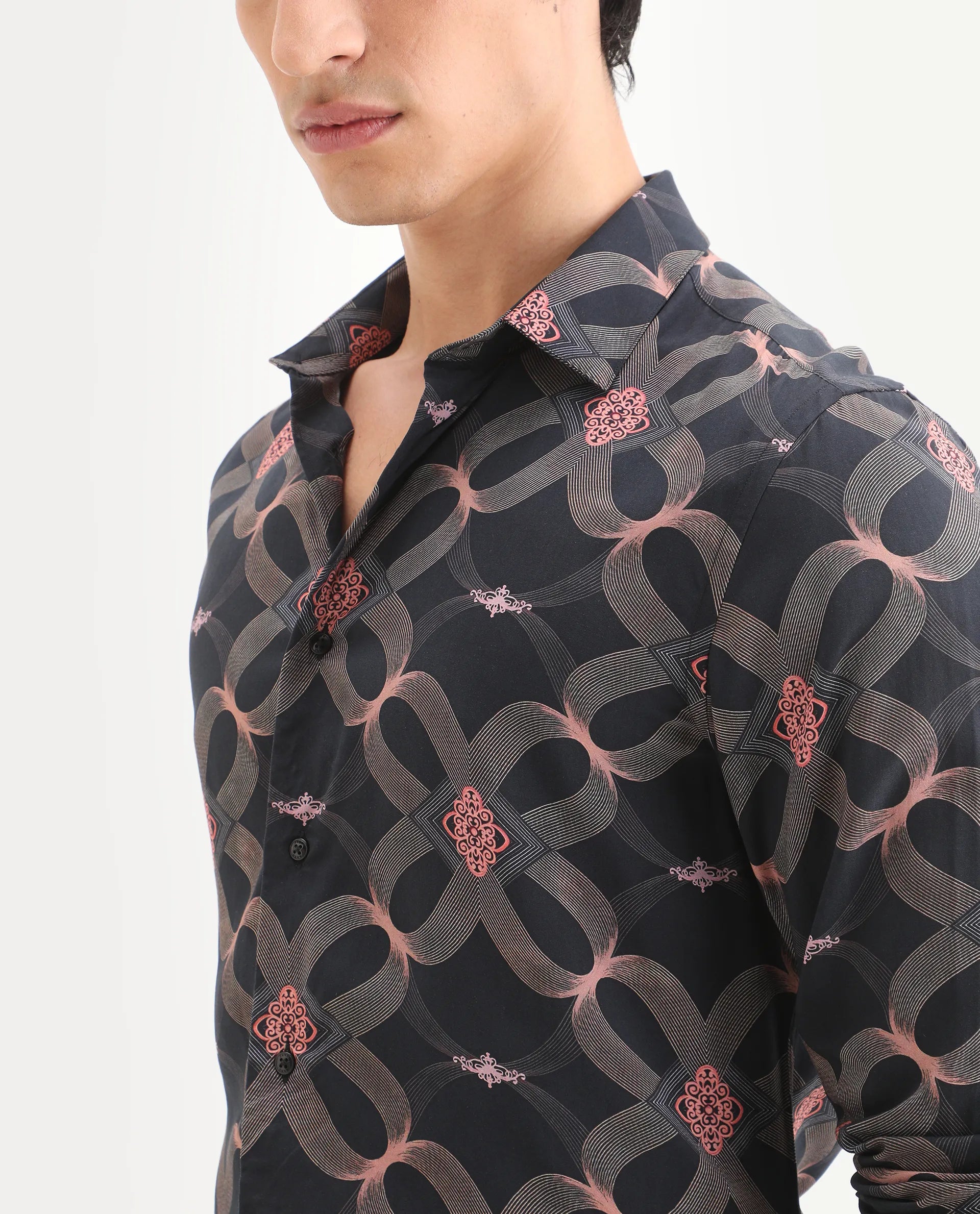 Rare Rabbit Men's Gash Black Viscose Fabric Full Sleeve Spread Collar Regular Fit Geometric Print Shirt