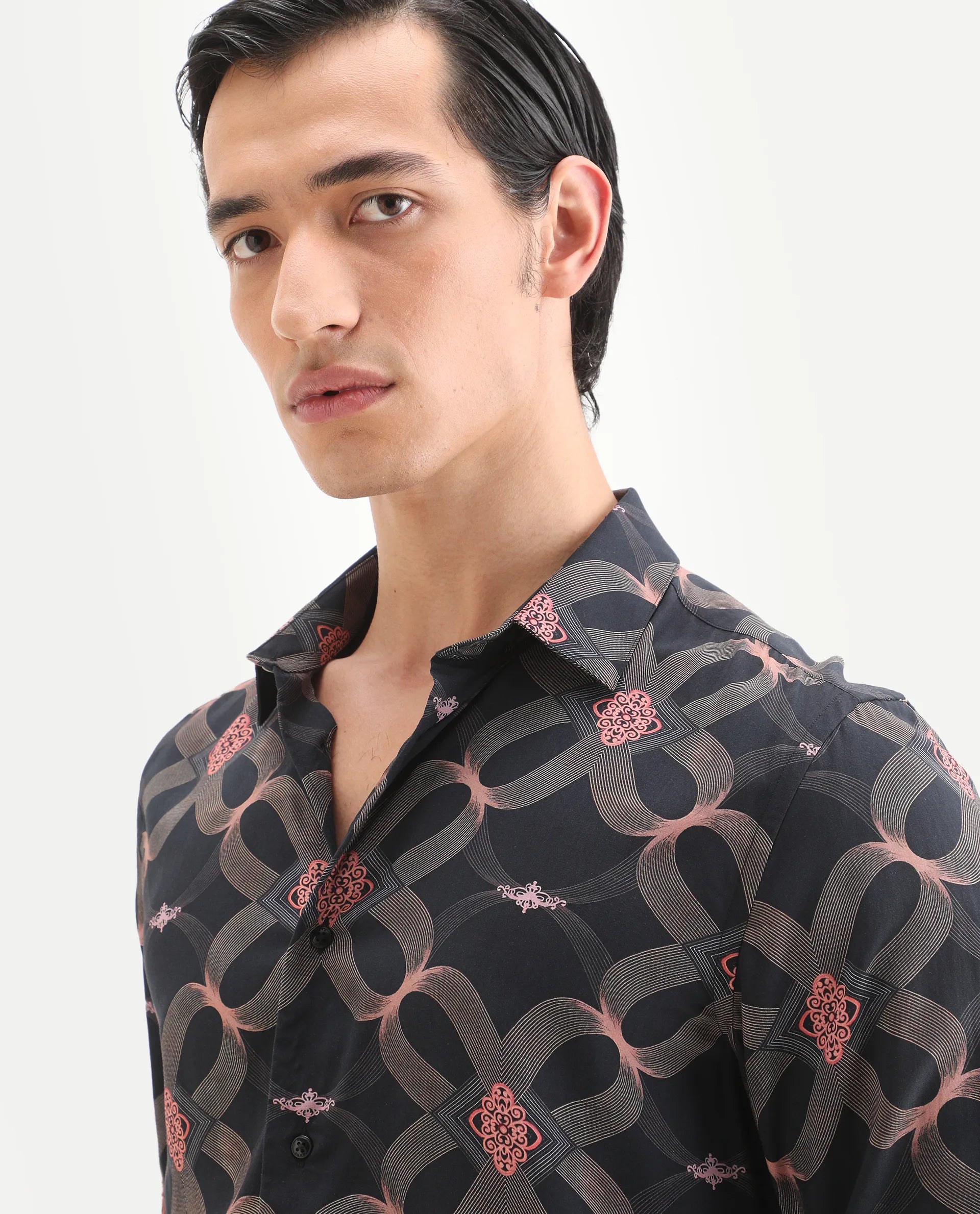 Rare Rabbit Men's Gash Black Viscose Fabric Full Sleeve Spread Collar Regular Fit Geometric Print Shirt