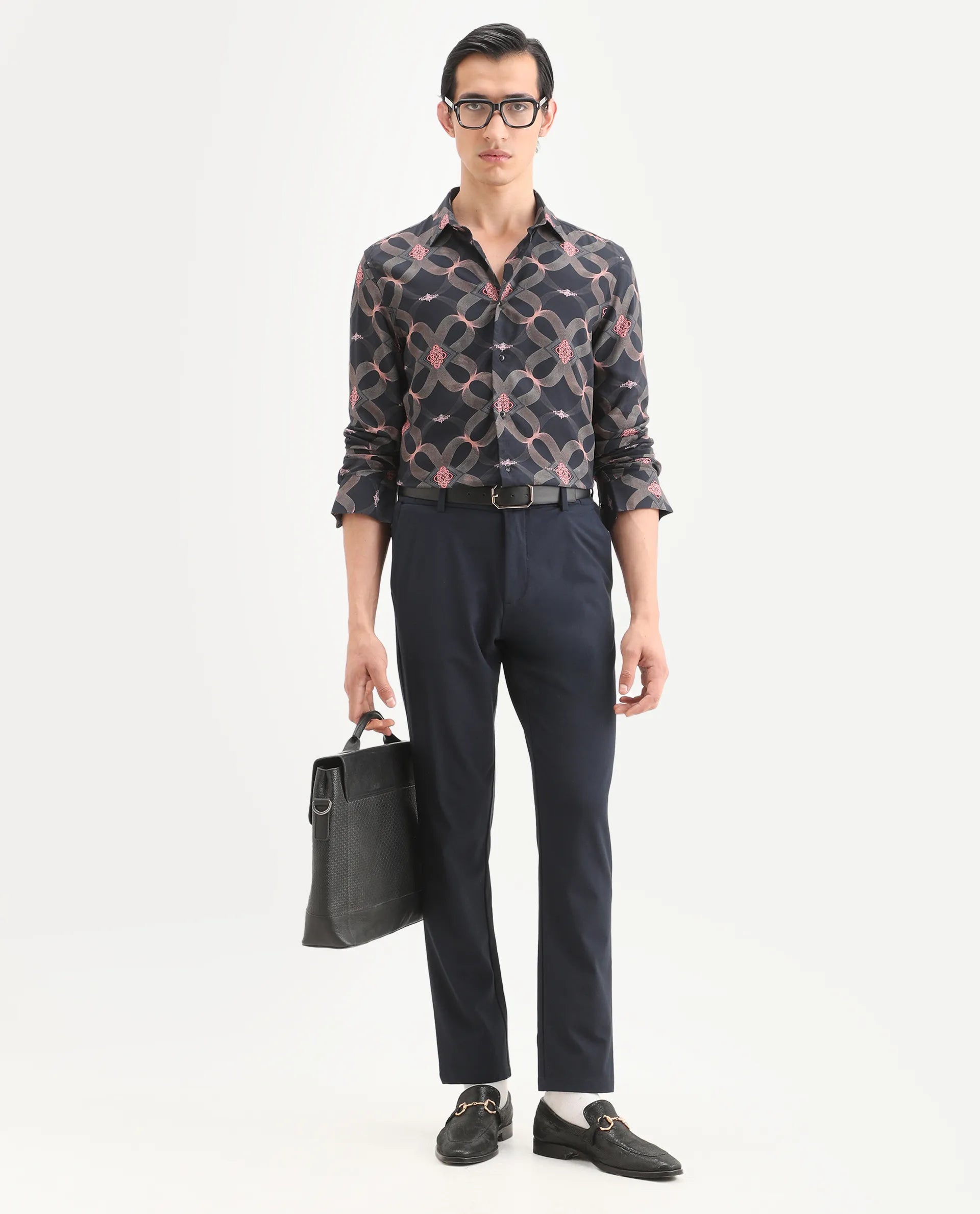 Rare Rabbit Men's Gash Black Viscose Fabric Full Sleeve Spread Collar Regular Fit Geometric Print Shirt