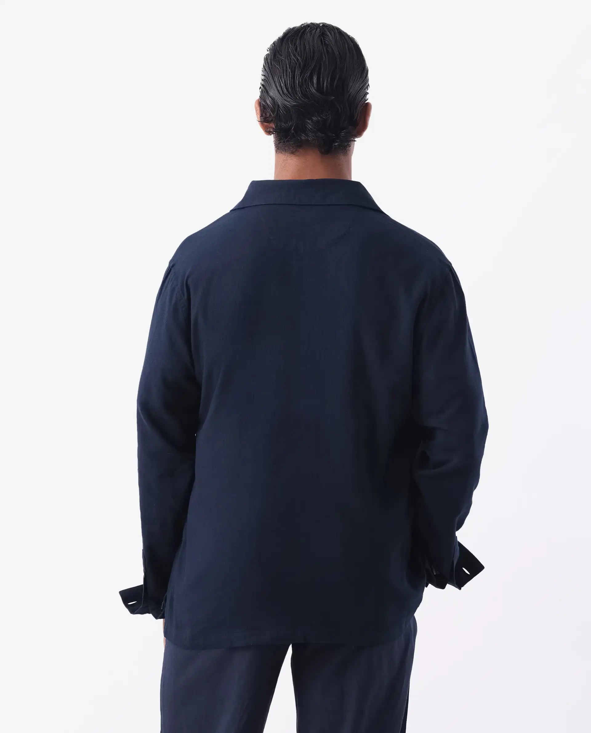 Rare Rabbit Men's Gatter Navy Linen Blend Plain Relaxed Fit Full Sleeve Spread Collar Jacket