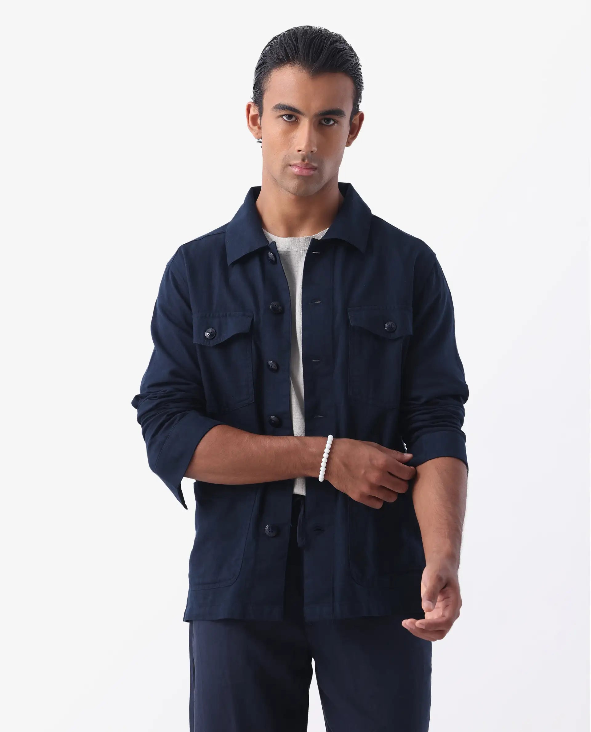 Rare Rabbit Men's Gatter Navy Linen Blend Plain Relaxed Fit Full Sleeve Spread Collar Jacket