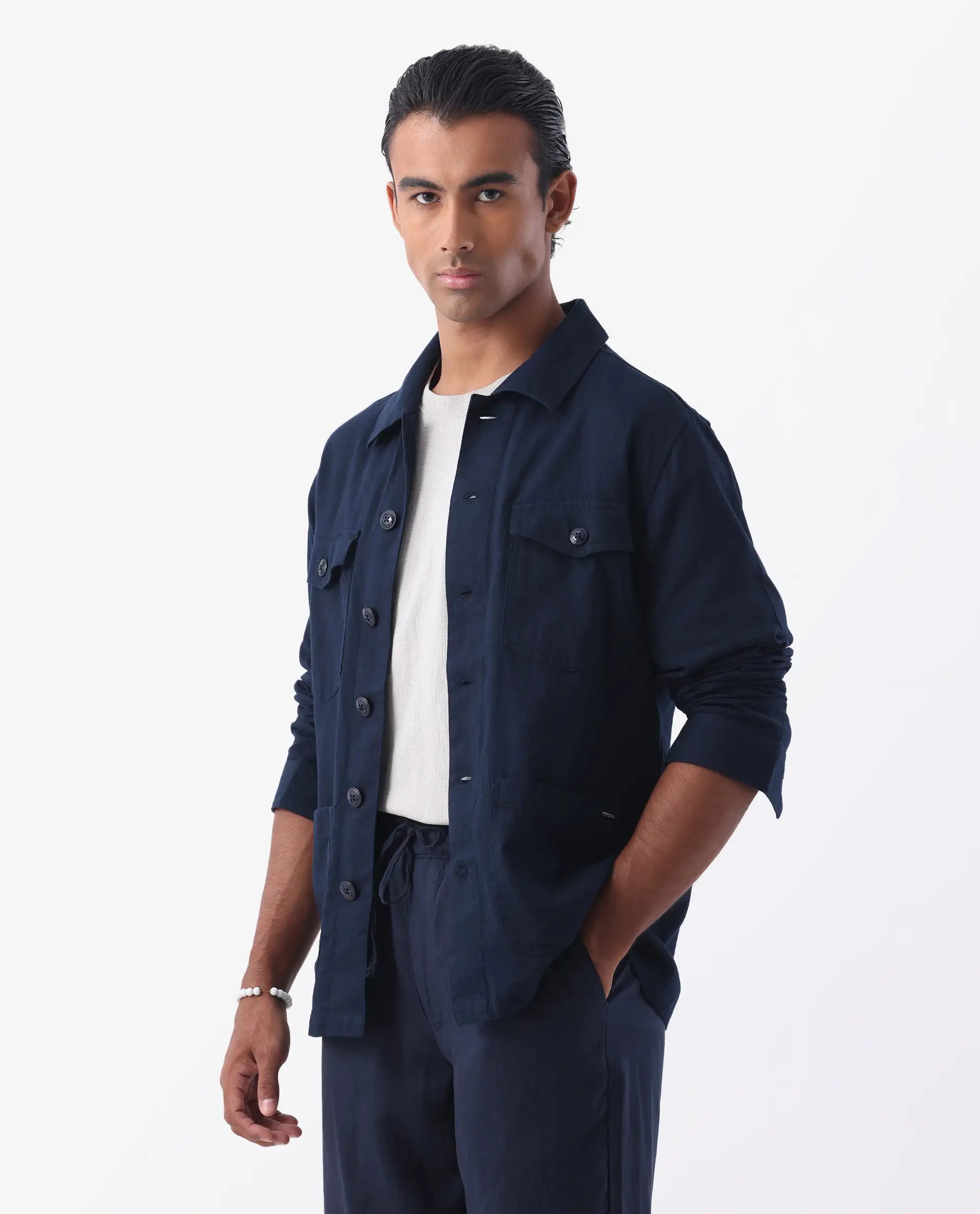 Rare Rabbit Men's Gatter Navy Linen Blend Plain Relaxed Fit Full Sleeve Spread Collar Jacket