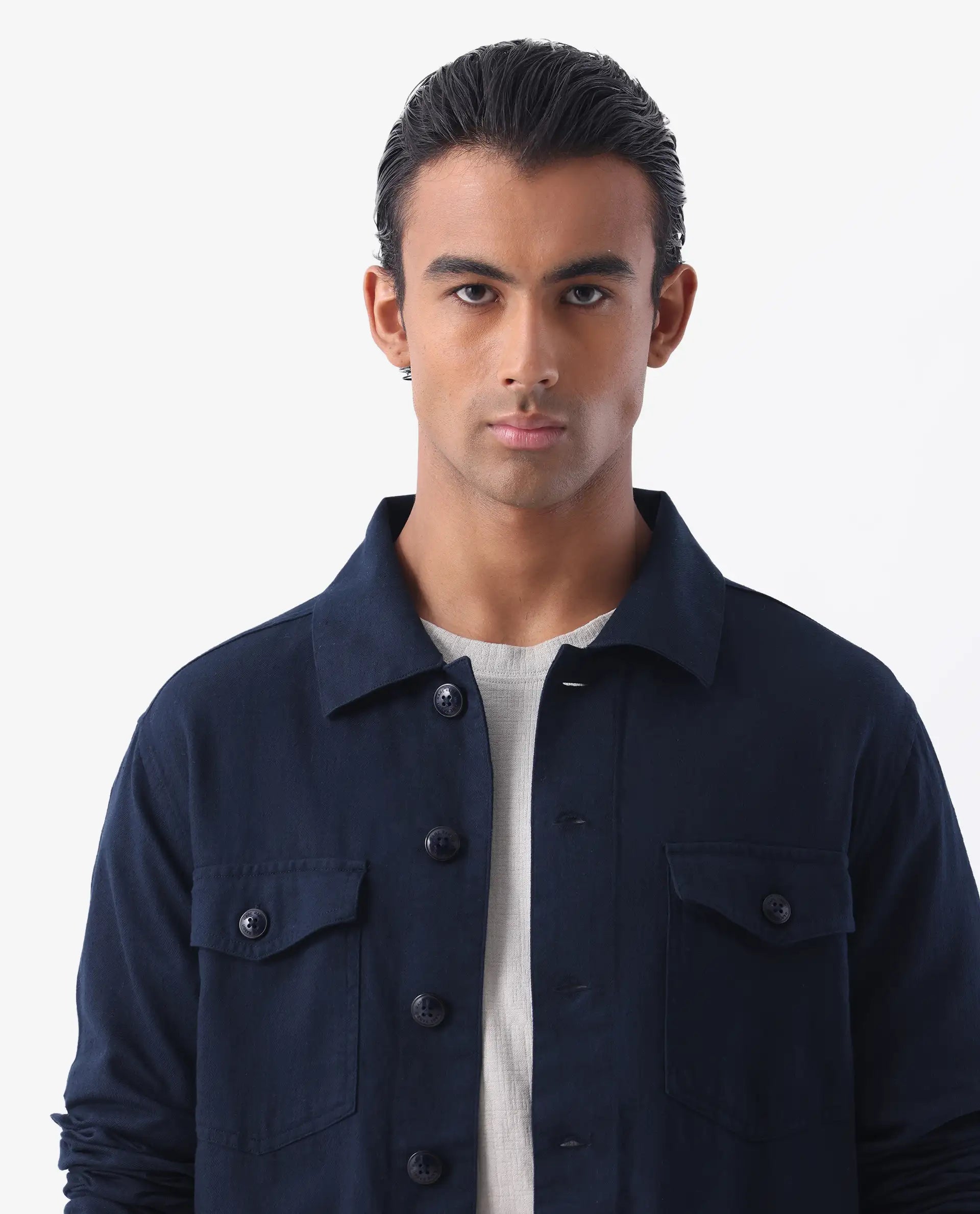 Rare Rabbit Men's Gatter Navy Linen Blend Plain Relaxed Fit Full Sleeve Spread Collar Jacket