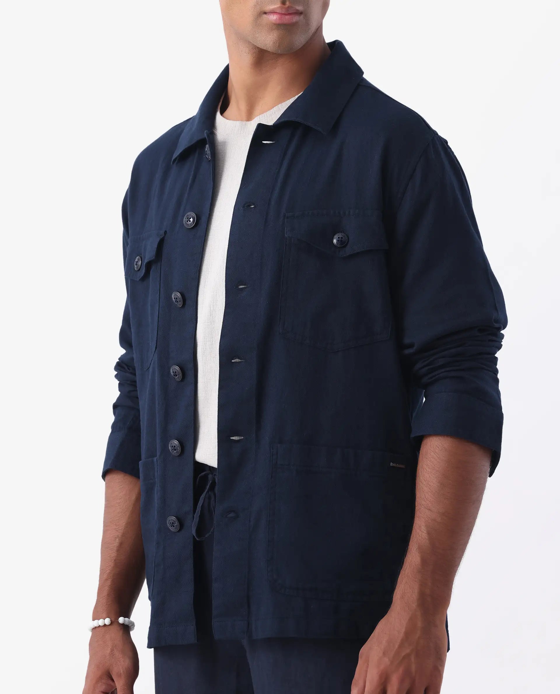 Rare Rabbit Men's Gatter Navy Linen Blend Plain Relaxed Fit Full Sleeve Spread Collar Jacket