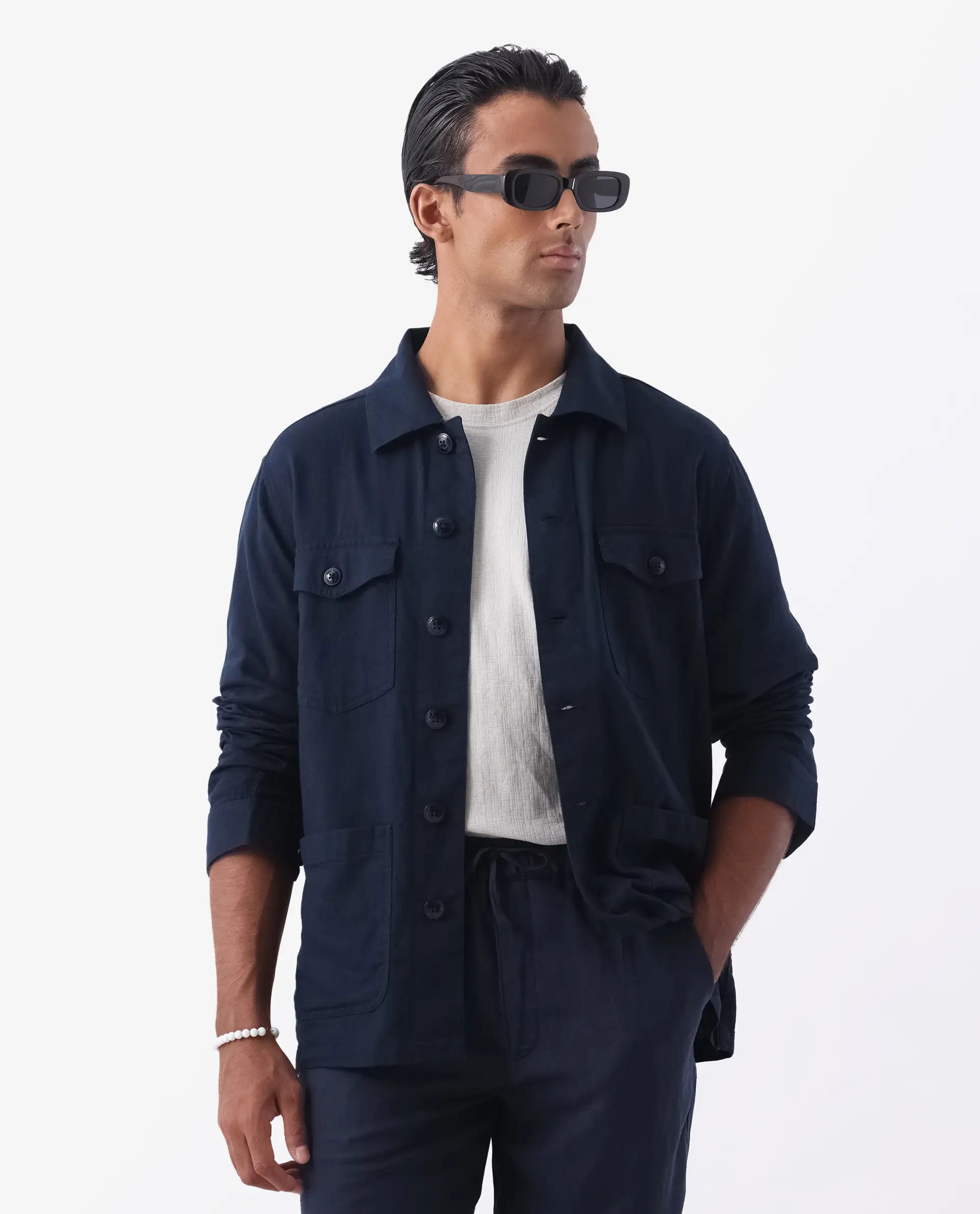Rare Rabbit Men's Gatter Navy Linen Blend Plain Relaxed Fit Full Sleeve Spread Collar Jacket