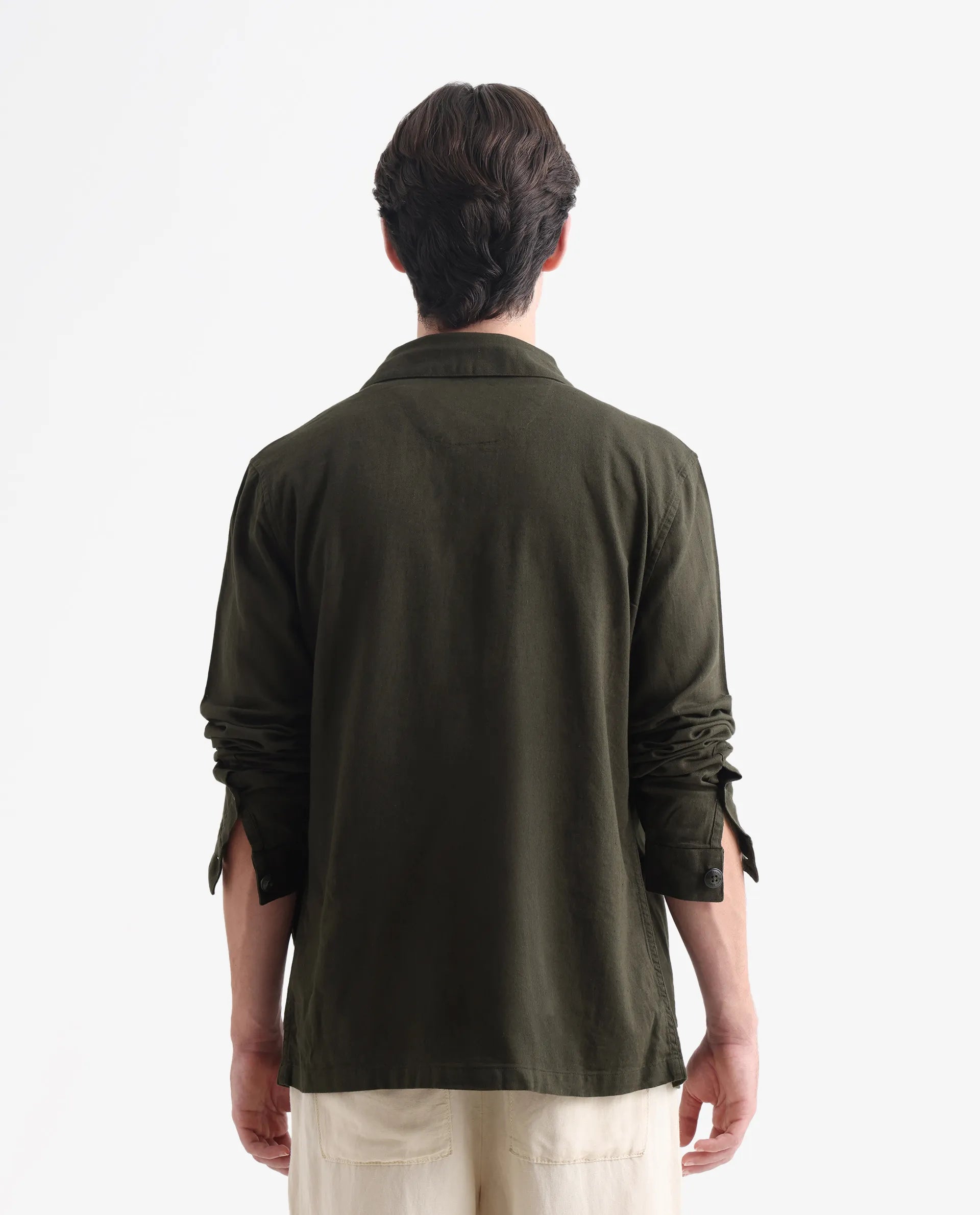 Rare Rabbit Men's Gatter Olive Linen Blend Plain Relaxed Fit Full Sleeve Spread Collar Jacket