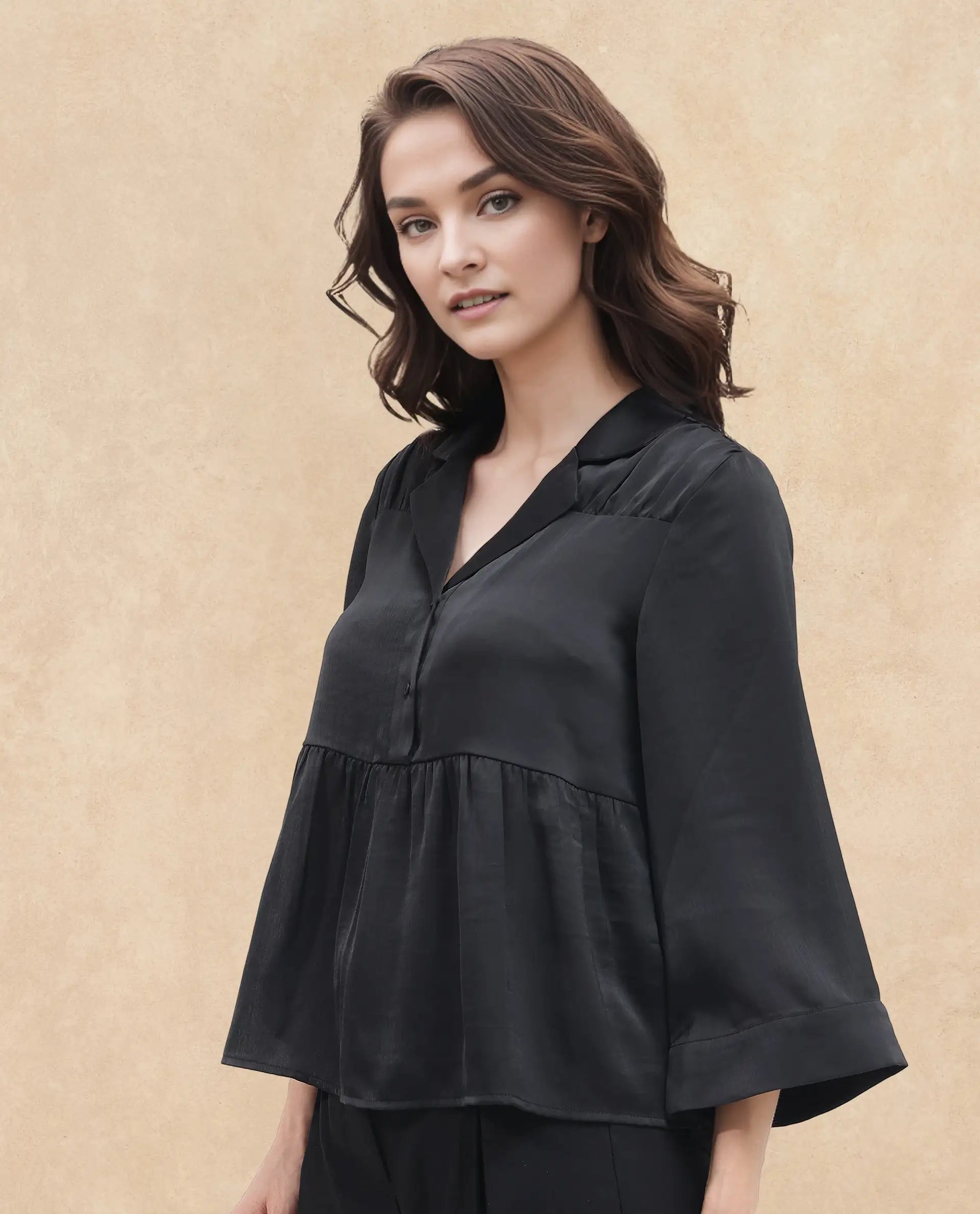 Rareism Women's Gaurerro Black Polyester Lapel Neck Plain Regular Fit Top