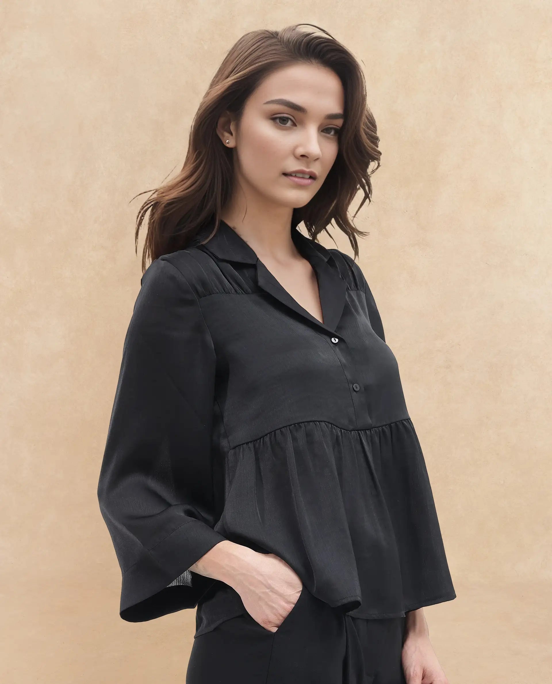 Rareism Women's Gaurerro Black Polyester Lapel Neck Plain Regular Fit Top