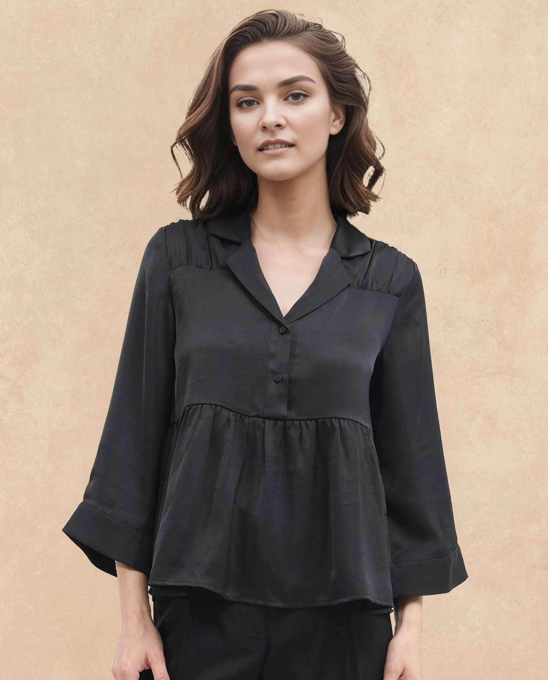 Rareism Women's Gaurerro Black Polyester Lapel Neck Plain Regular Fit Top