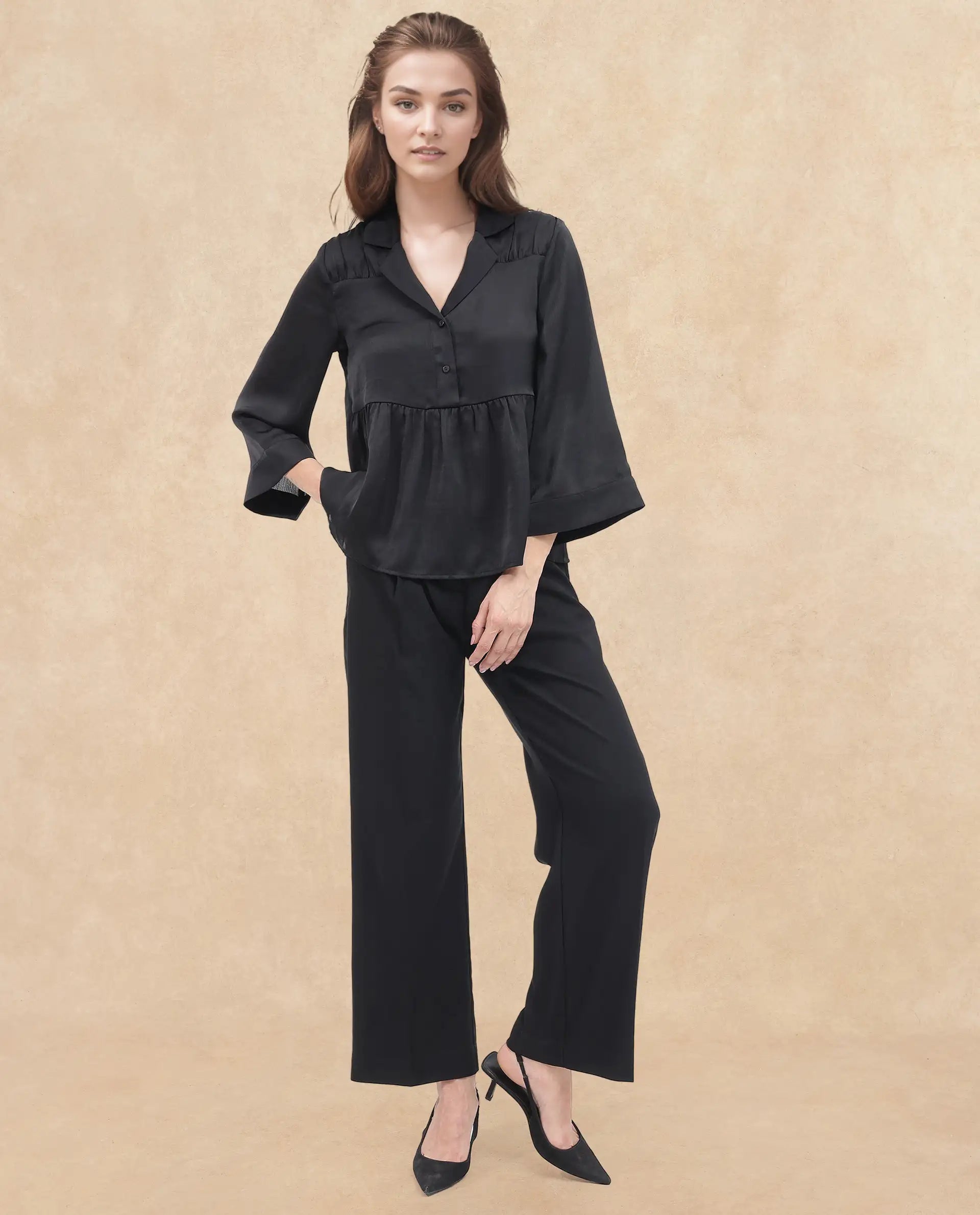 Rareism Women's Gaurerro Black Polyester Lapel Neck Plain Regular Fit Top