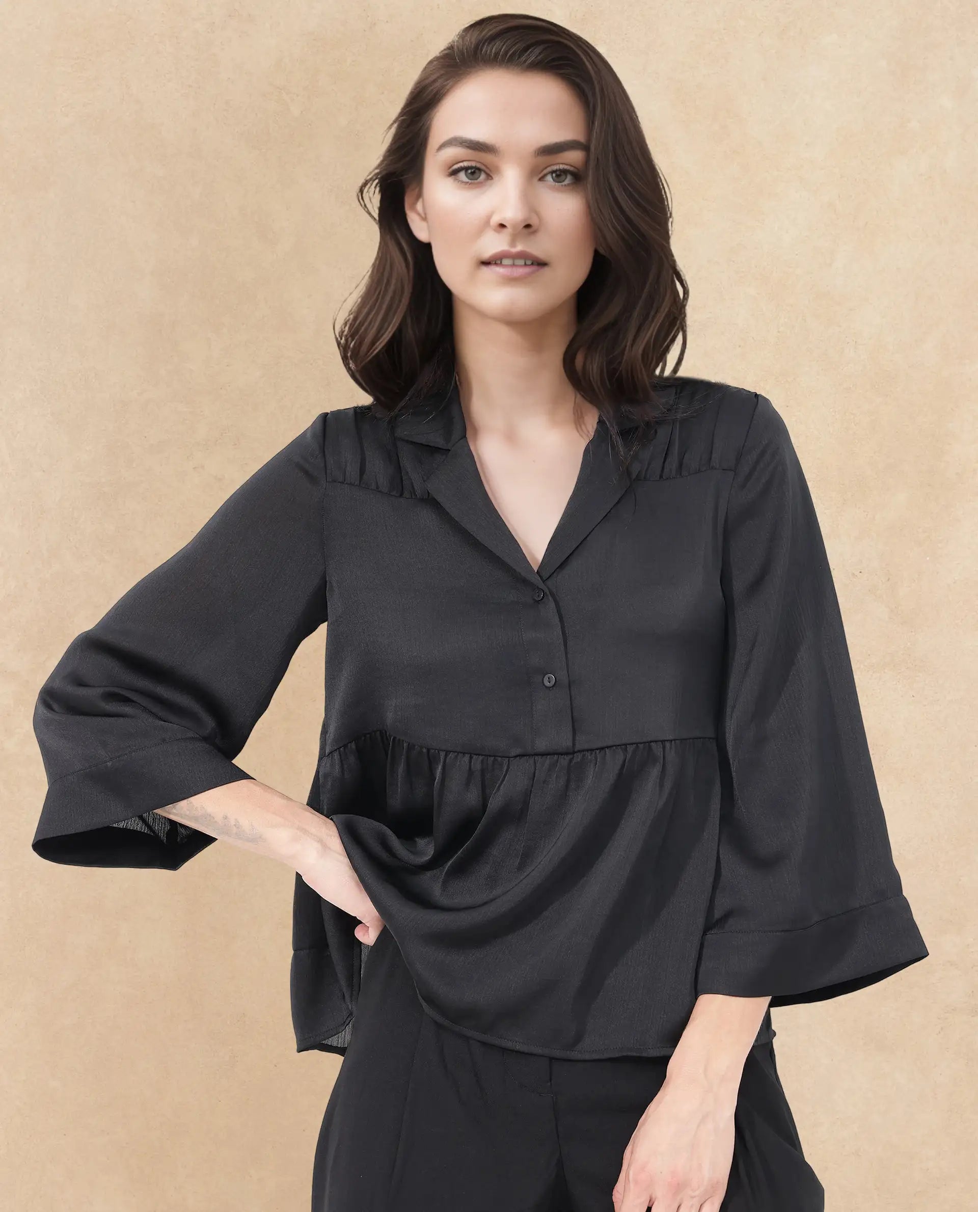 Rareism Women's Gaurerro Black Polyester Lapel Neck Plain Regular Fit Top