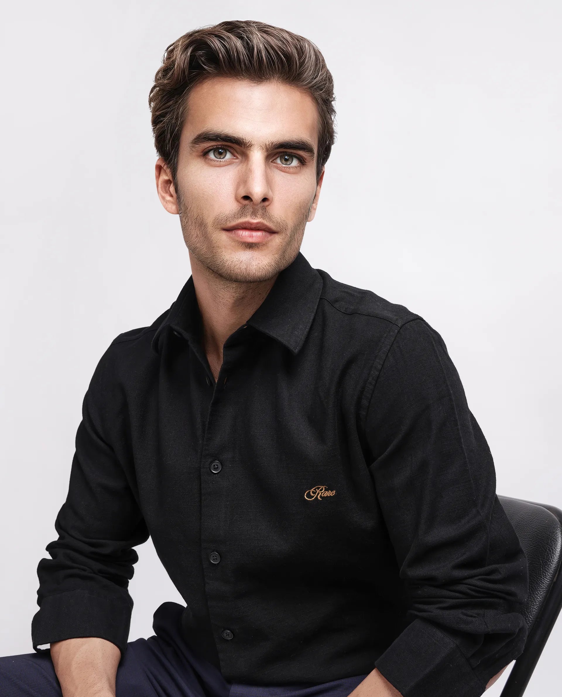 Rare Rabbit Men's Gawa Black Cotton Striped Print Regular Fit Full Sleeve Collared Shirt