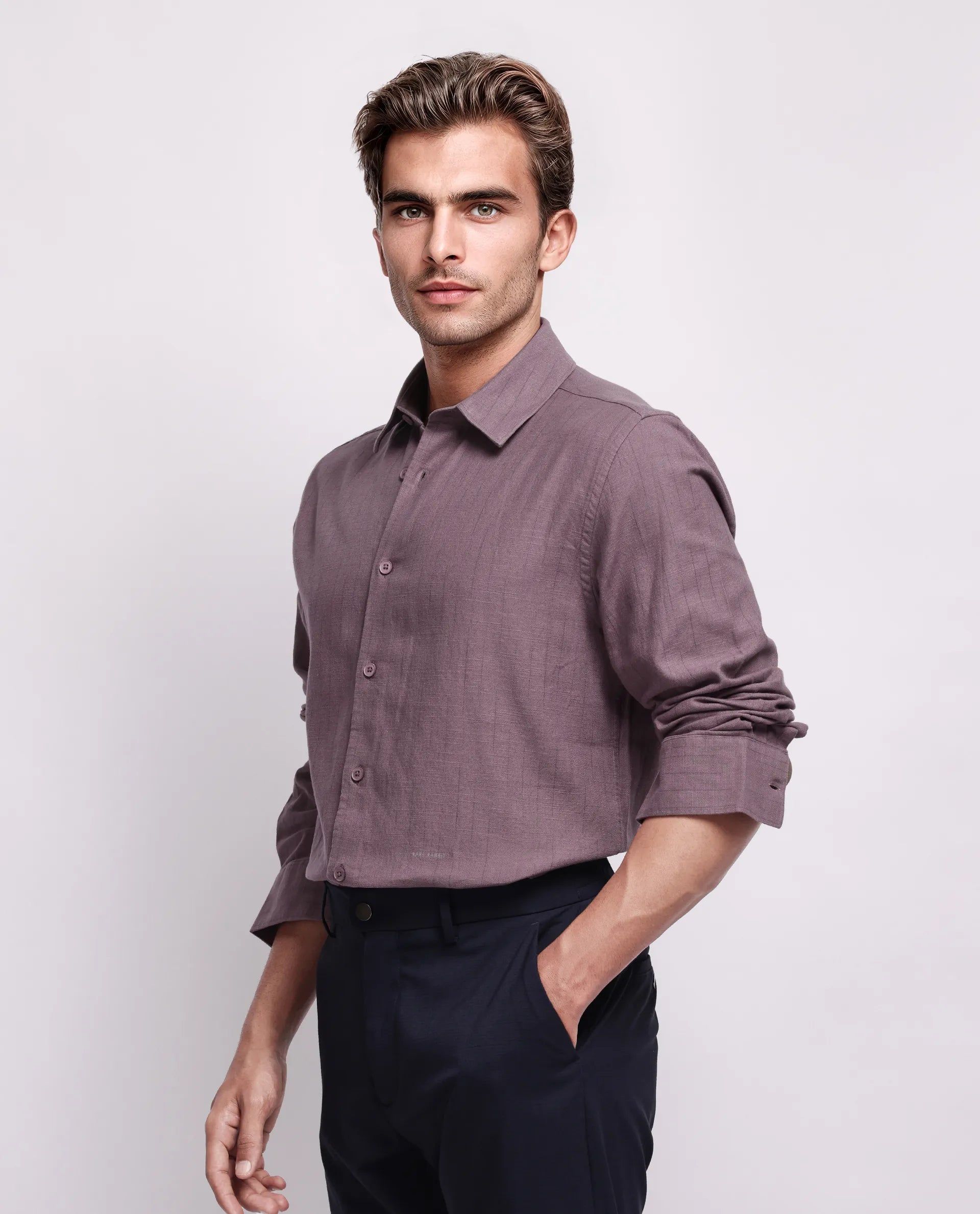 Rare Rabbit Men's Gawa Purple Cotton Striped Print Regular Fit Full Sleeve Collared Shirt