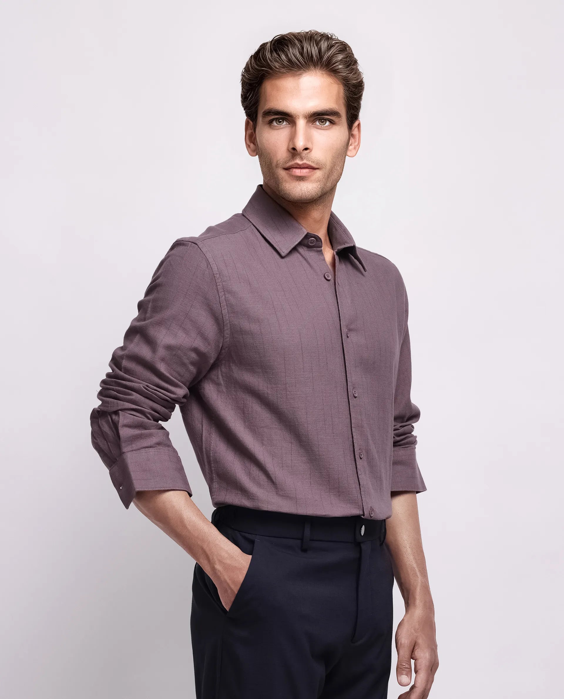 Rare Rabbit Men's Gawa Purple Cotton Striped Print Regular Fit Full Sleeve Collared Shirt