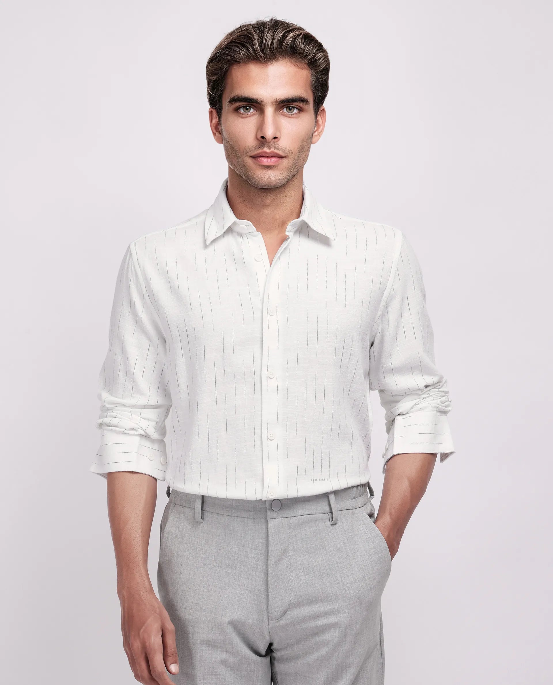 Rare Rabbit Men's Gawa White Cotton Striped Print Regular Fit Full Sleeve Collared Shirt