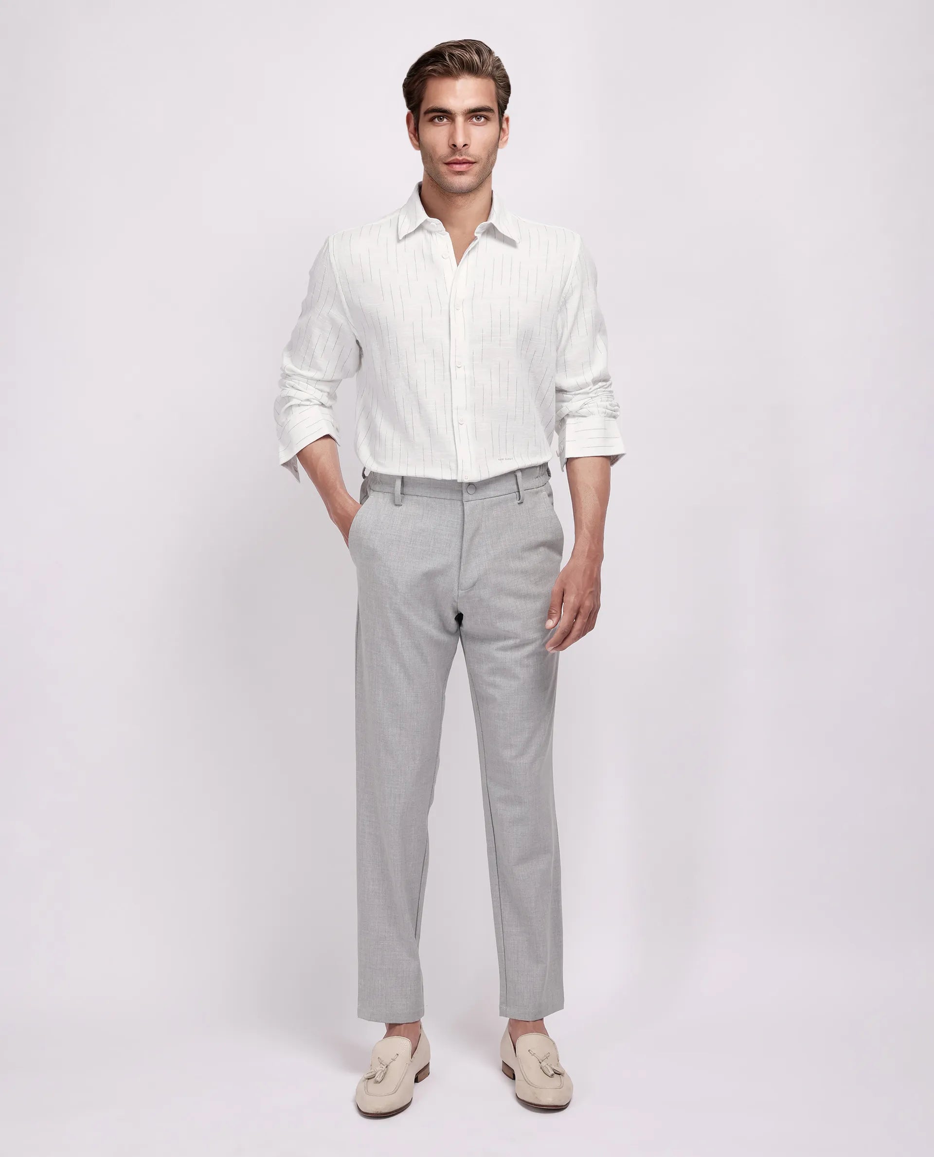 Rare Rabbit Men's Gawa White Cotton Striped Print Regular Fit Full Sleeve Collared Shirt