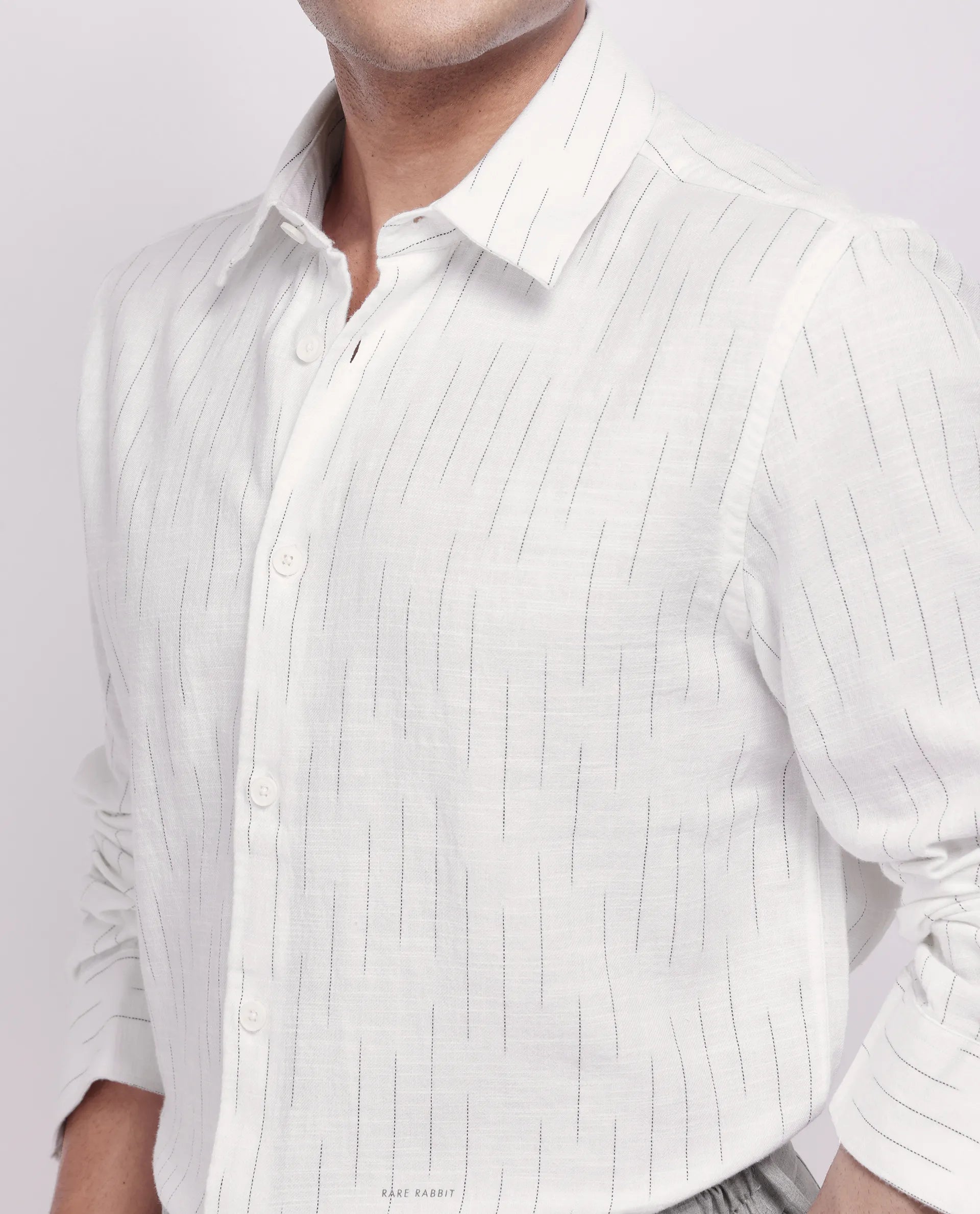 Rare Rabbit Men's Gawa White Cotton Striped Print Regular Fit Full Sleeve Collared Shirt