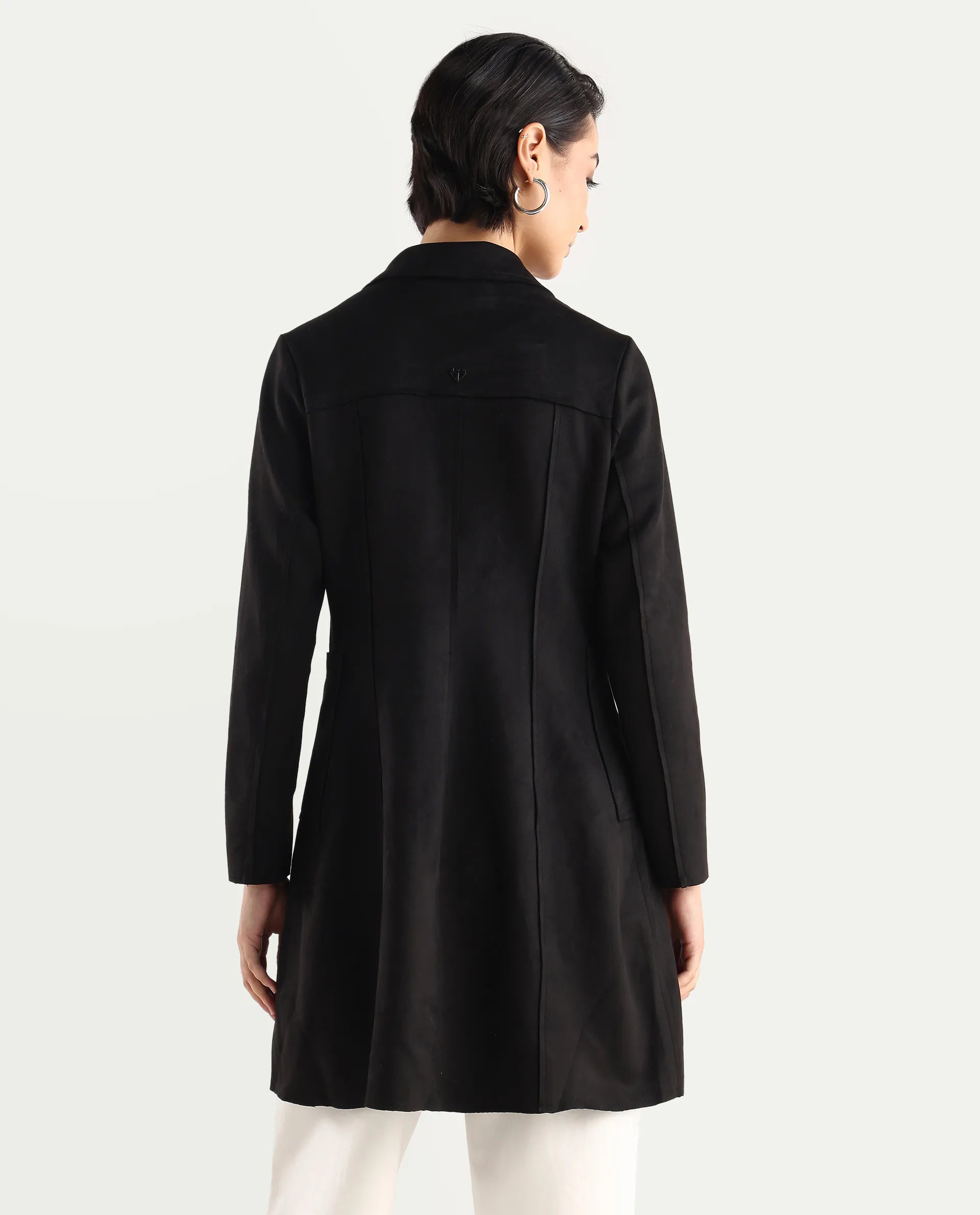 Rareism Women's Gawler Black Suede Lapel Neck Plain Midi Regular Fit Jacket