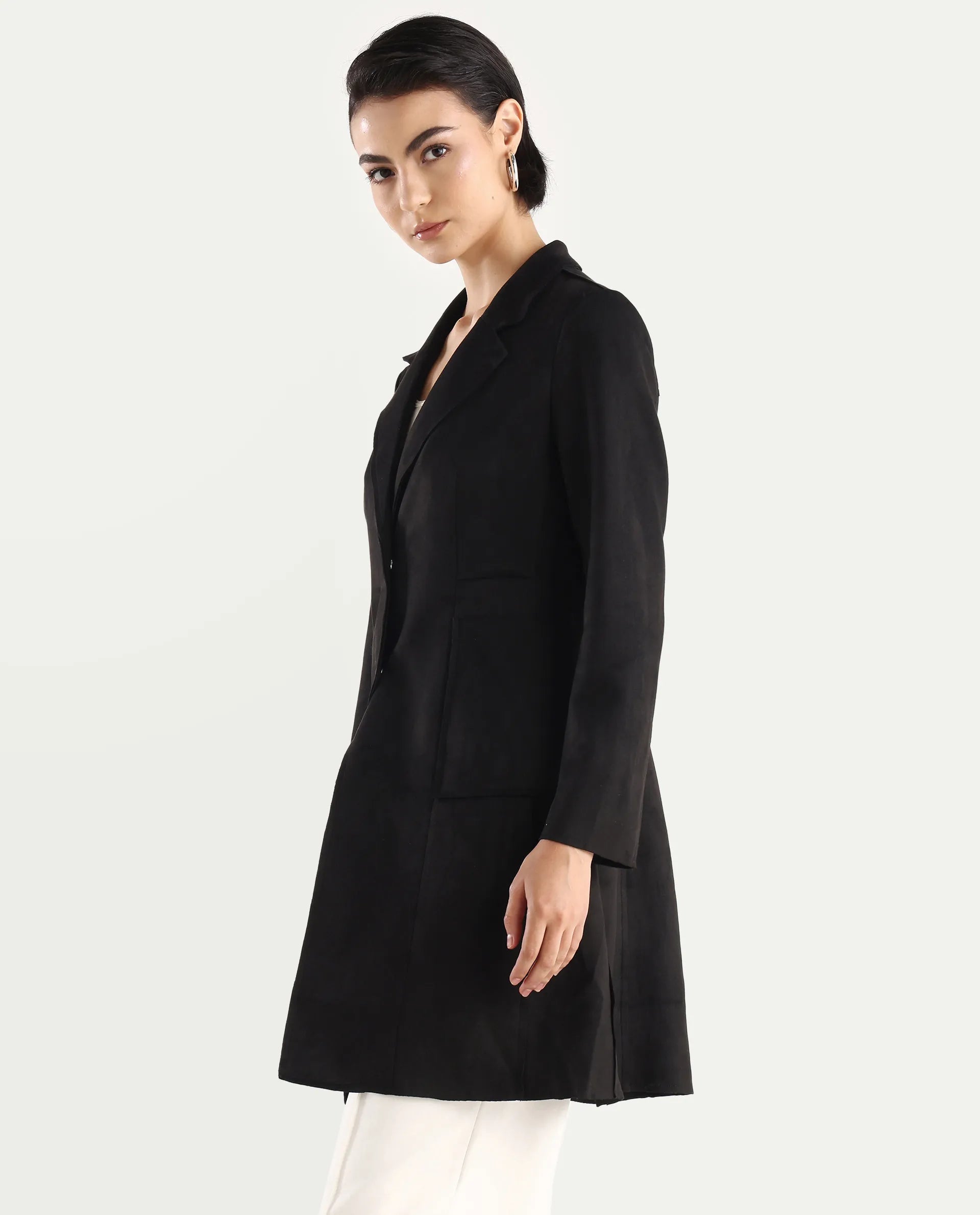 Rareism Women's Gawler Black Suede Lapel Neck Plain Midi Regular Fit Jacket